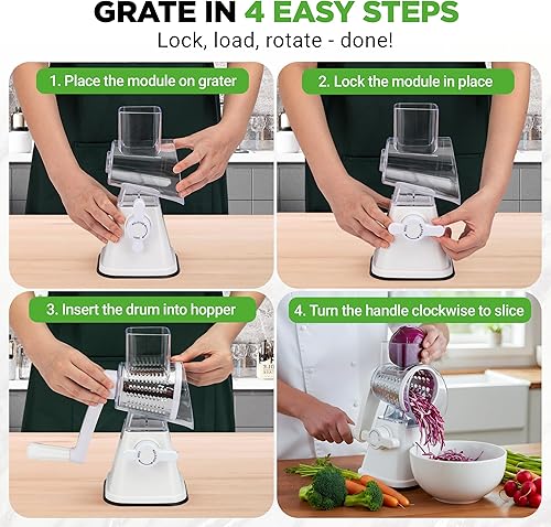 Miniatura 2 de Nutrichef Rallador y triturador de queso 3 en 1 Base de succión fuerte, mango giratorio con bloqueo de seguridad Incluye manivela y 3 cuchillas de