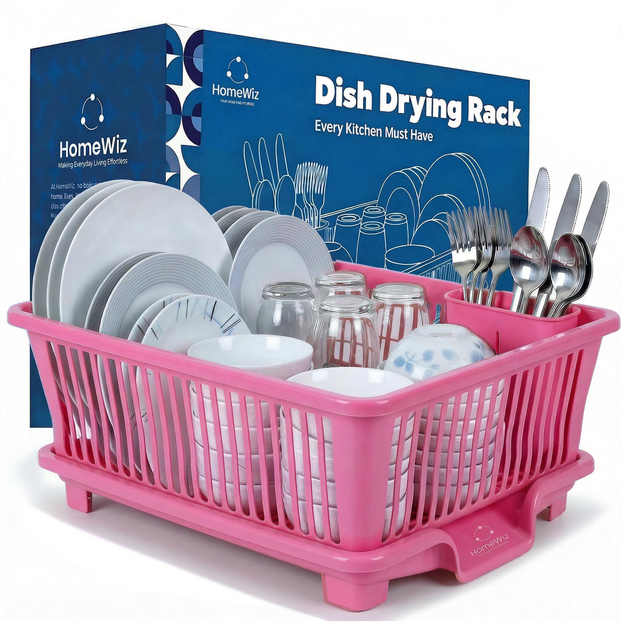 HomeWiz Plastic Dish Drying Rack | Rust-Free Utensil Rack with Built-in Drainage | 50 KG + Weight Capacity | Kitchen Rack with Cutlery Holder | BPA-Free Food Grade Plastic | 43x30x20 cm | Pink