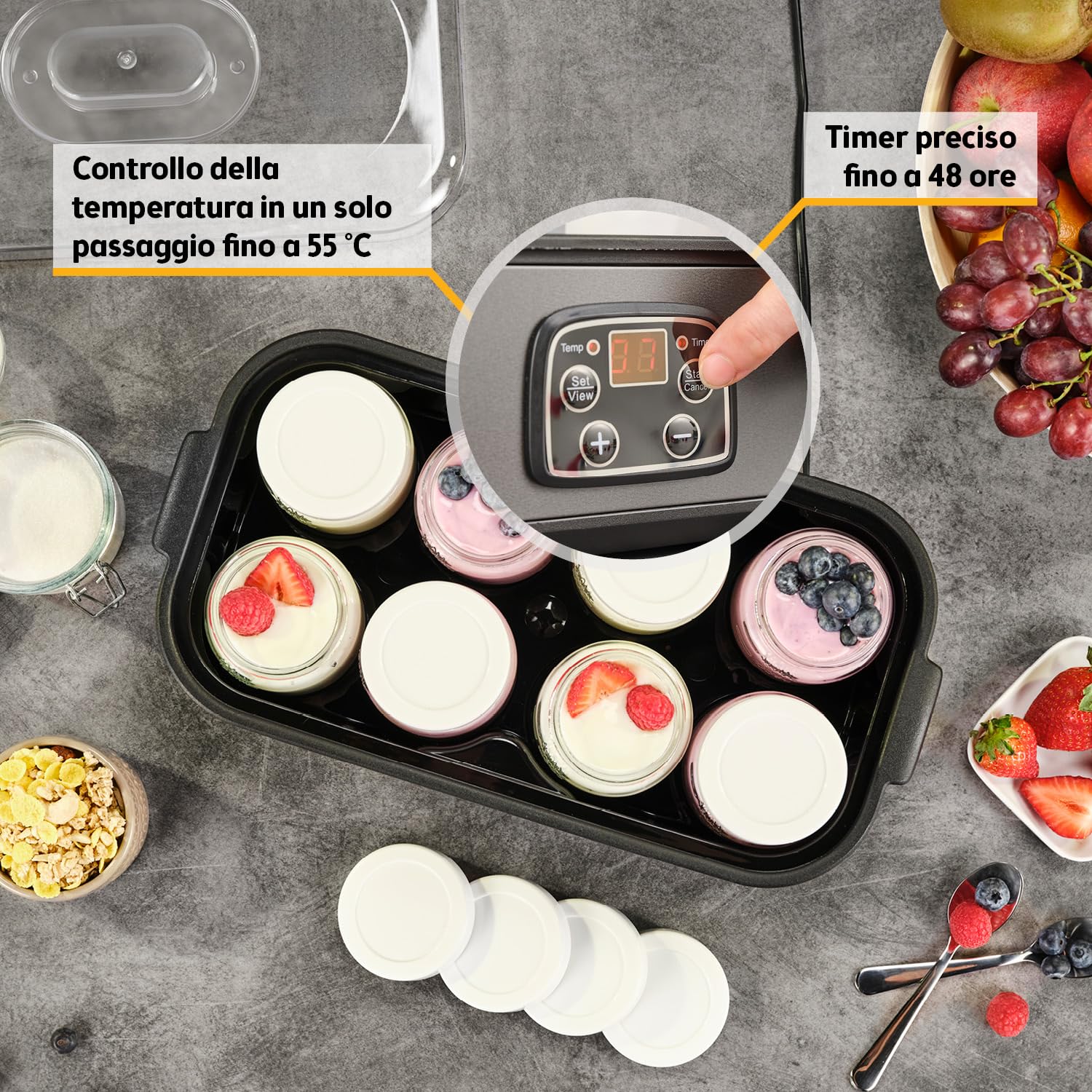 TZS First Austria Preparatore di Yogurt Elettrico - 8 vasetti in vetro da 180 ml (1,4 L) - Temperatura regolabile fino a 55 °C - Display LED - Spegnimento automatico - Timer 48 h - BPA-free