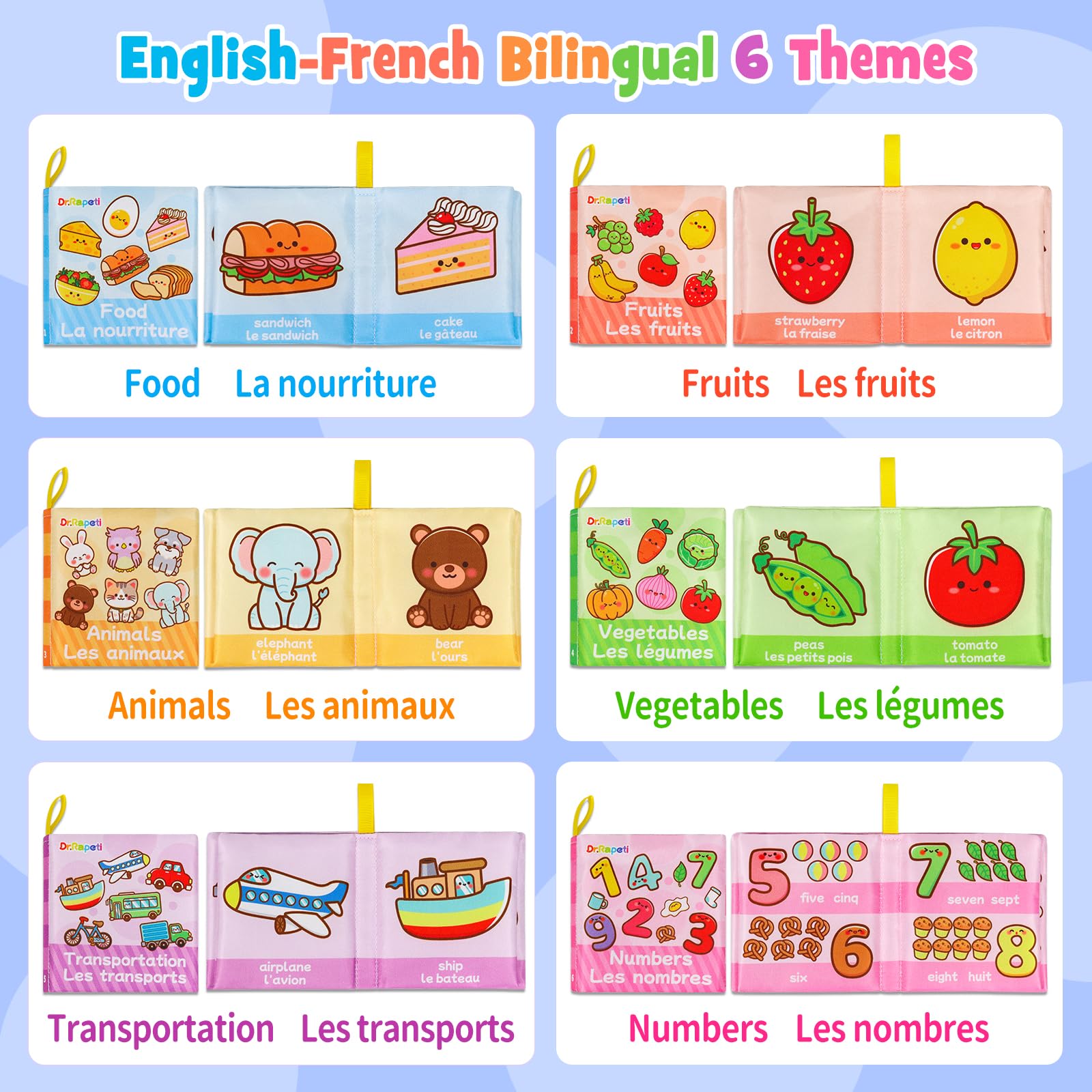Dr.Rapeti Lot de 6 Livre Bebe en Tissu Doux n Français, Livres D'éveil, Livres en Tissu Doux pour bébé, Jouet Educatif Sonore Book, Bebe Livre Sensoriel pour Enfants Bambin Bébé