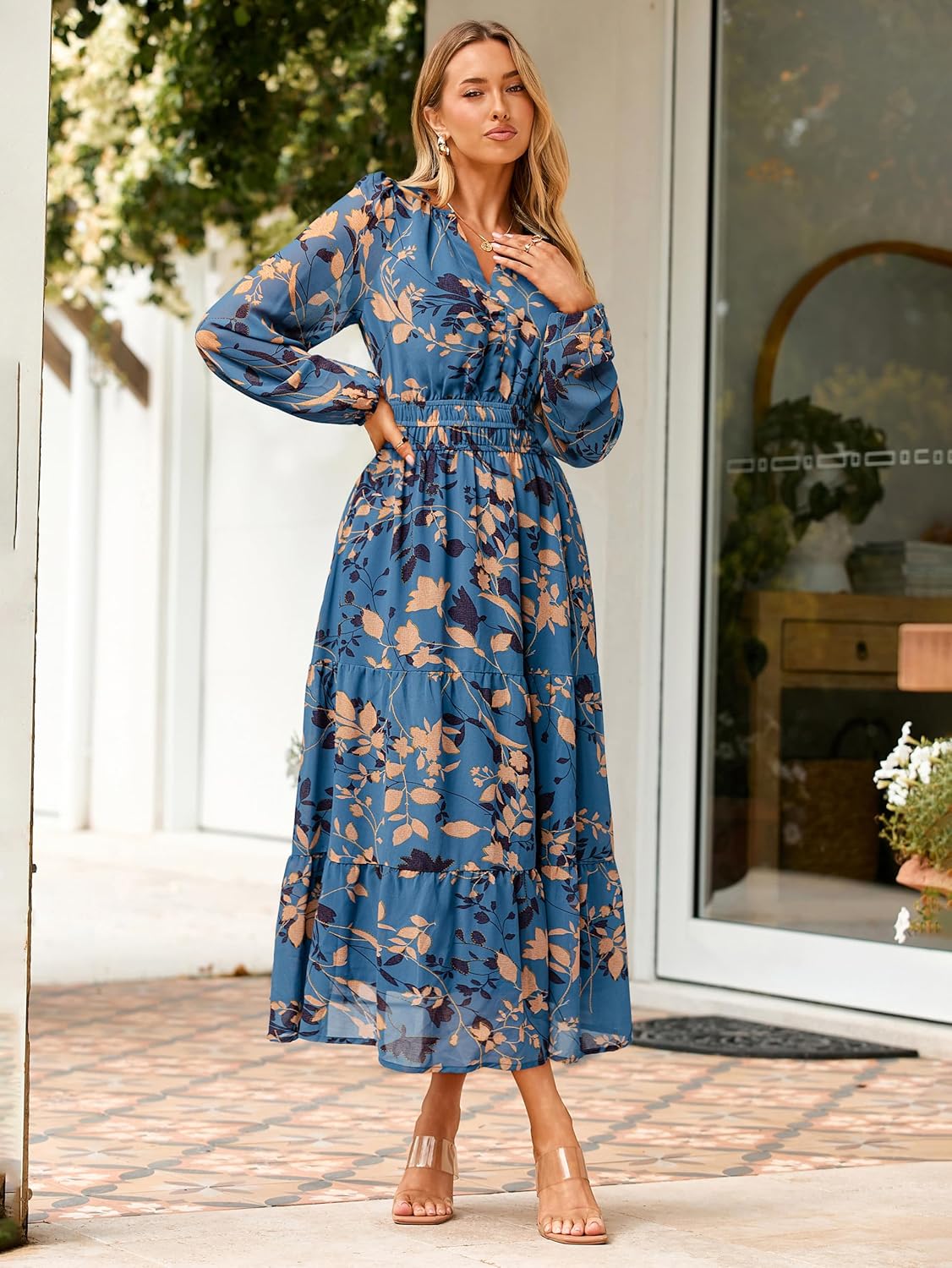 Simplee Women's Floral Boho Long Sleeve Maxi Dress V Neck Empire Waist Swing Flowy Wedding Guest Dress - Image 4