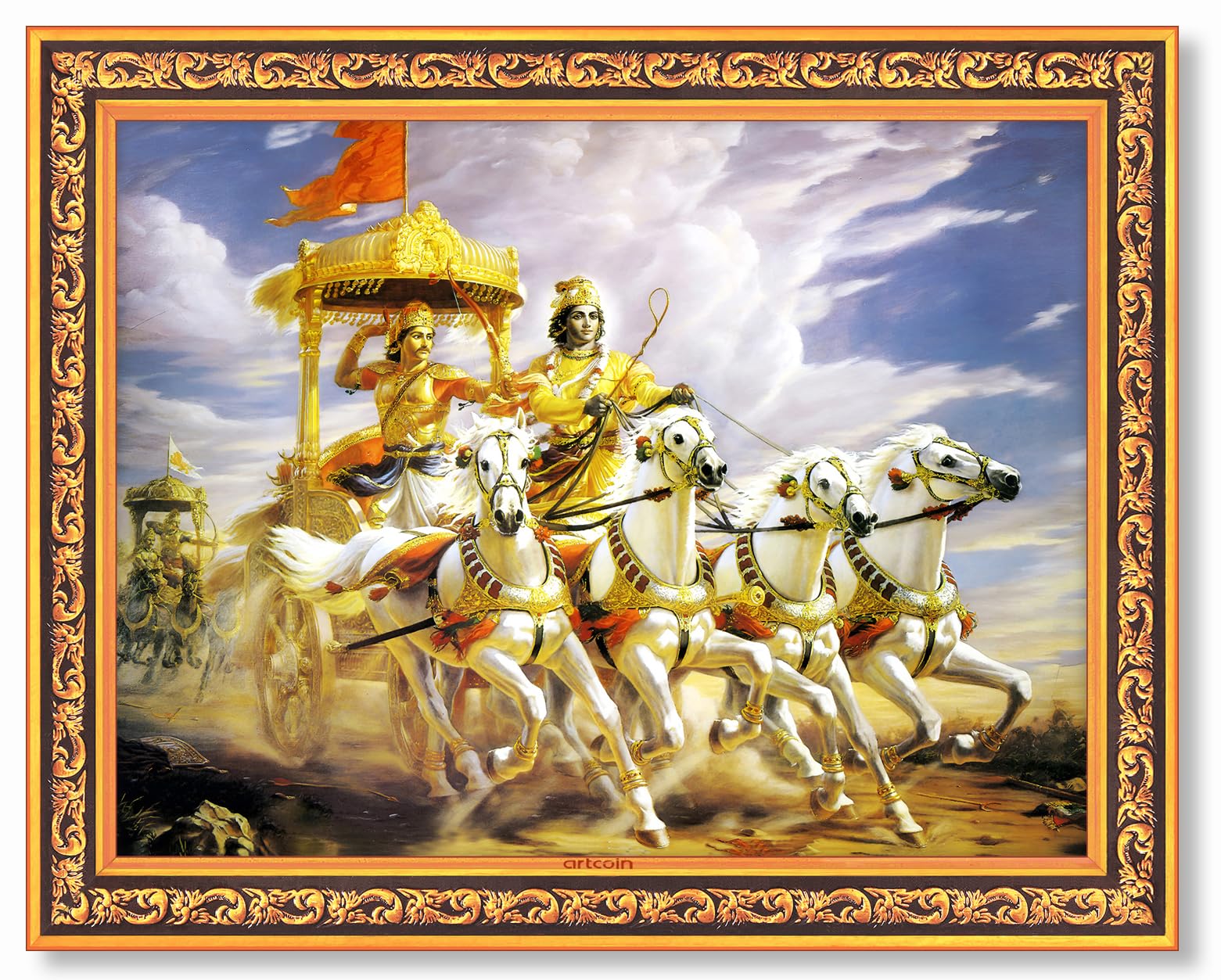Mahabharata Krishna Arjuna Chariot Wall Frame | Spiritual Hindu Painting | Bhagavad Gita Motivational Frame | Religious Home & Office Decor, Golden. (Small Size- 7.5 x 9.5 Inch