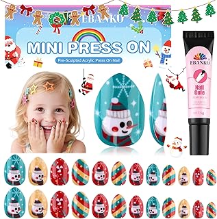 EBANKU Christmas Kid Press on Nails, 24Pcs Almond Fake Nails Kit Full Cover Christmas Design Stick on Nail with Nail Glue for Girl
