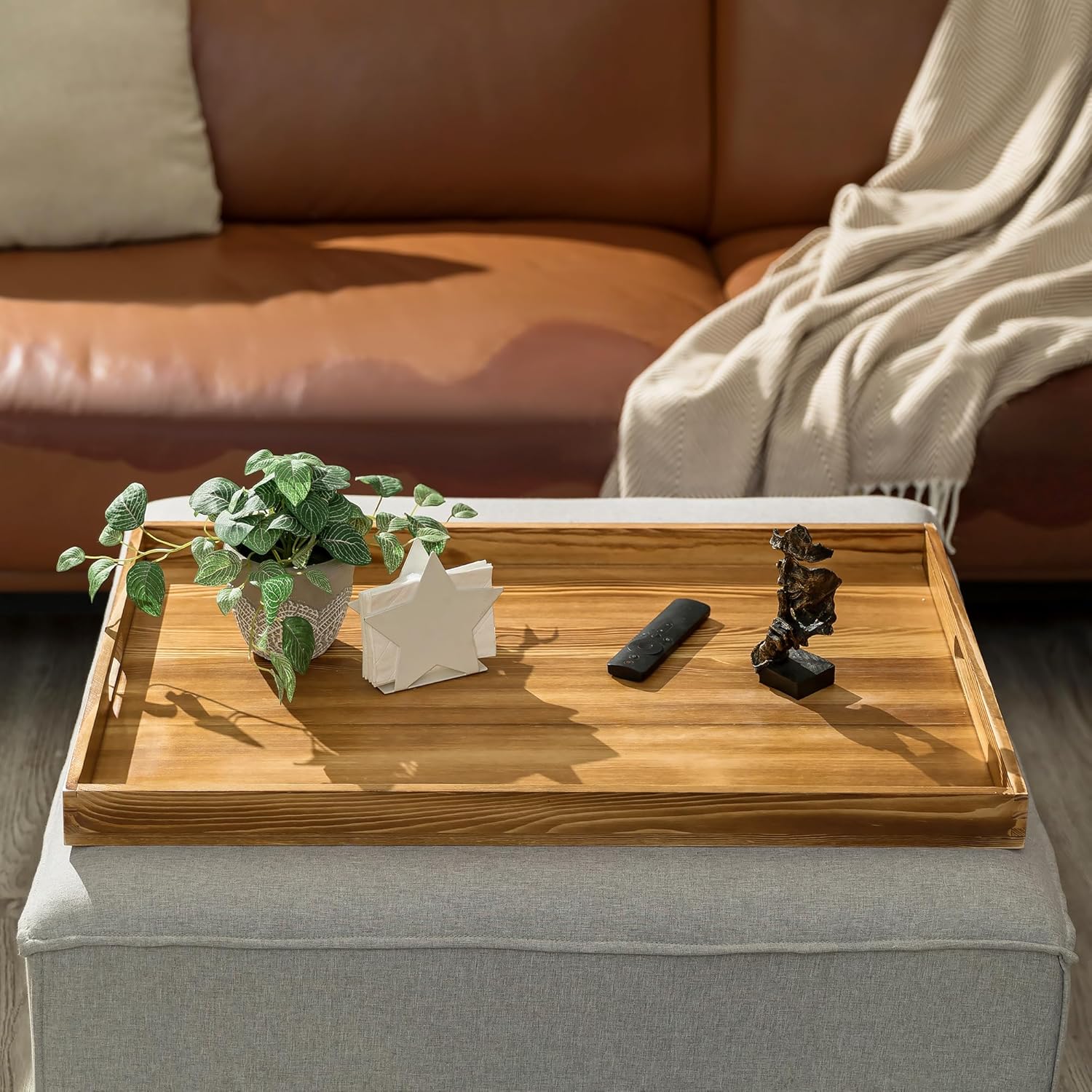 Hanobe Ottoman Serving Tray Large: 30" Decorative Trays with Handles - Wood Coffee Table Decor for Home Living Room Kitchen Counter