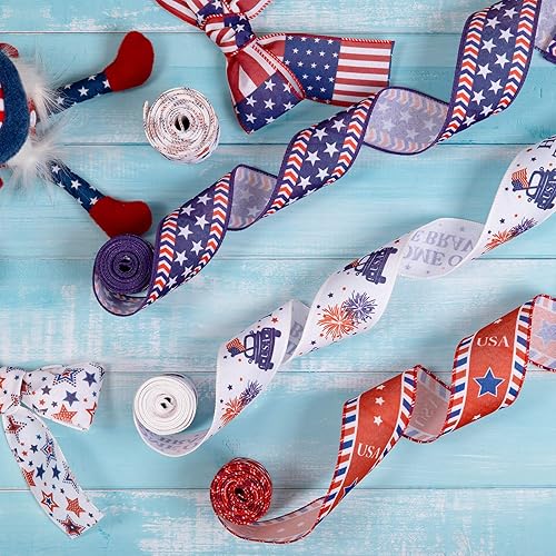 Miniatura 4 de Whaline 5 rollos de cinta patriótica para el 4 de julio, estrellas y rayas de arpillera con borde con alambre, cinta decorativa de 25 yardas, cinta