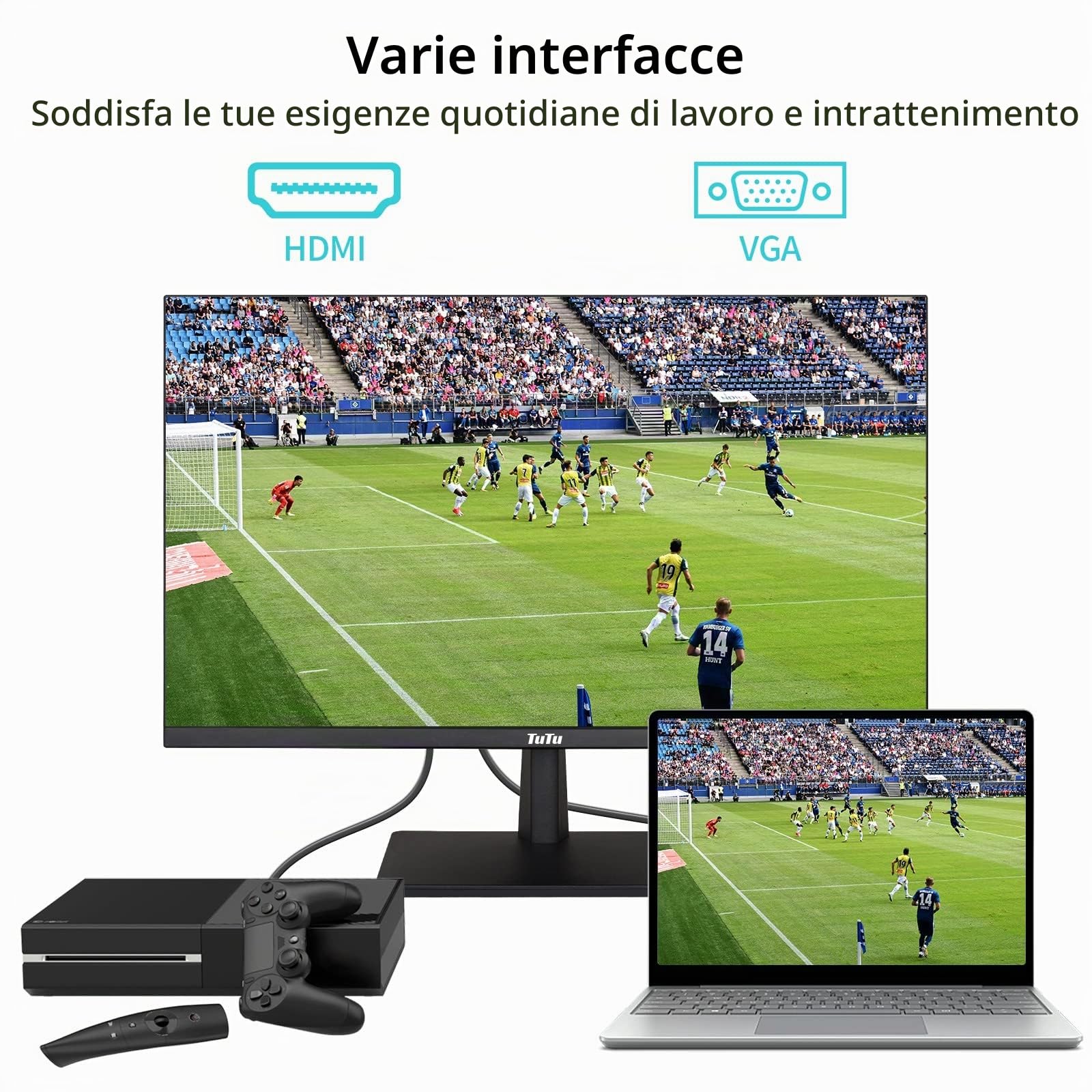 TuTu 24 Pollici Monitor Full HD VA Pannello Senza Bordi 75HZ Eye Care (1920 x 1080, VGA HDMI VESA 75 x 75mm), Senza Sfarfallio, Filtro Luce Blu, Basso Consumo Energetico, Monitor per PC Office