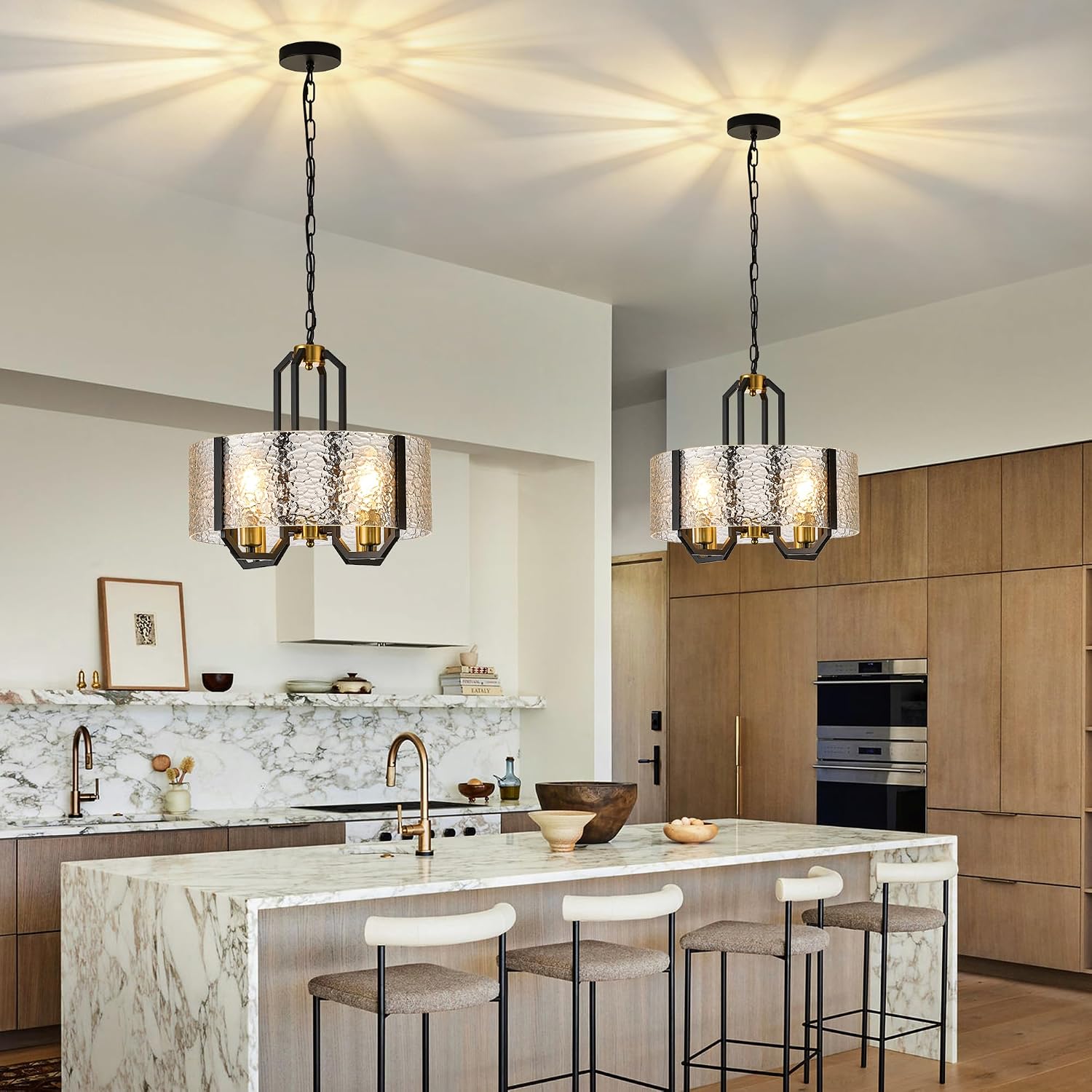 Black Chandeliers for Dining Room Light Fixture,Drum Foyer Lighting Fixtures Pendant Lights Kitchen Island,Adjustable Glass Modern Farmhouse Chandelier for Entryway Bedroom Bathroom Foyer Living Room