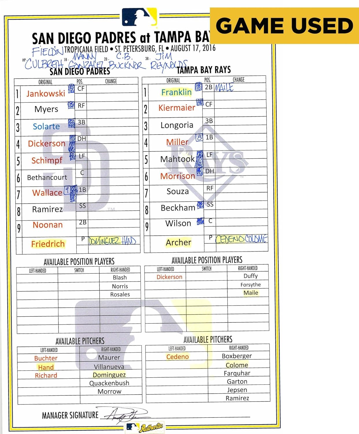 San Diego Padres GameUsed Lineup Card vs Tampa Bay Rays on August 17