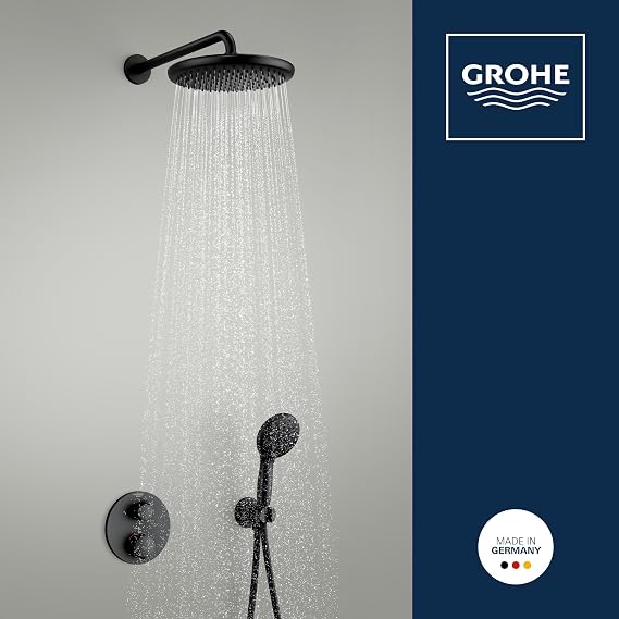 GROHE Precision - Concealed Shower System with Thermostat for 2 Outlets (Integrated Shut Off/Diverter Valve, Head Shower 25cm, Hand Shower 2 Sprays 11cm, Hose 1.5m, Round Trim), Matt Black, 348832430
