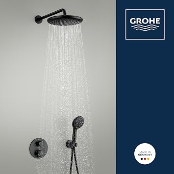 GROHE Precision - Concealed Shower System with Thermostat for 2 Outlets (Integrated Shut Off/Diverter Valve, Head Shower 25cm, Hand Shower 2 Sprays 11cm, Hose 1.5m, Round Trim), Matt Black, 348832430
