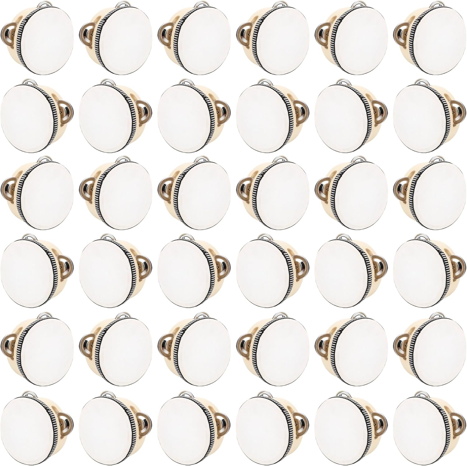 36 Pcs 4 Inch Wedding Tambourines Drum Wooden Natural Handheld Drums Metal Jingles Drums Musical Instruments Percussion for Adult Church Wedding Party Favor