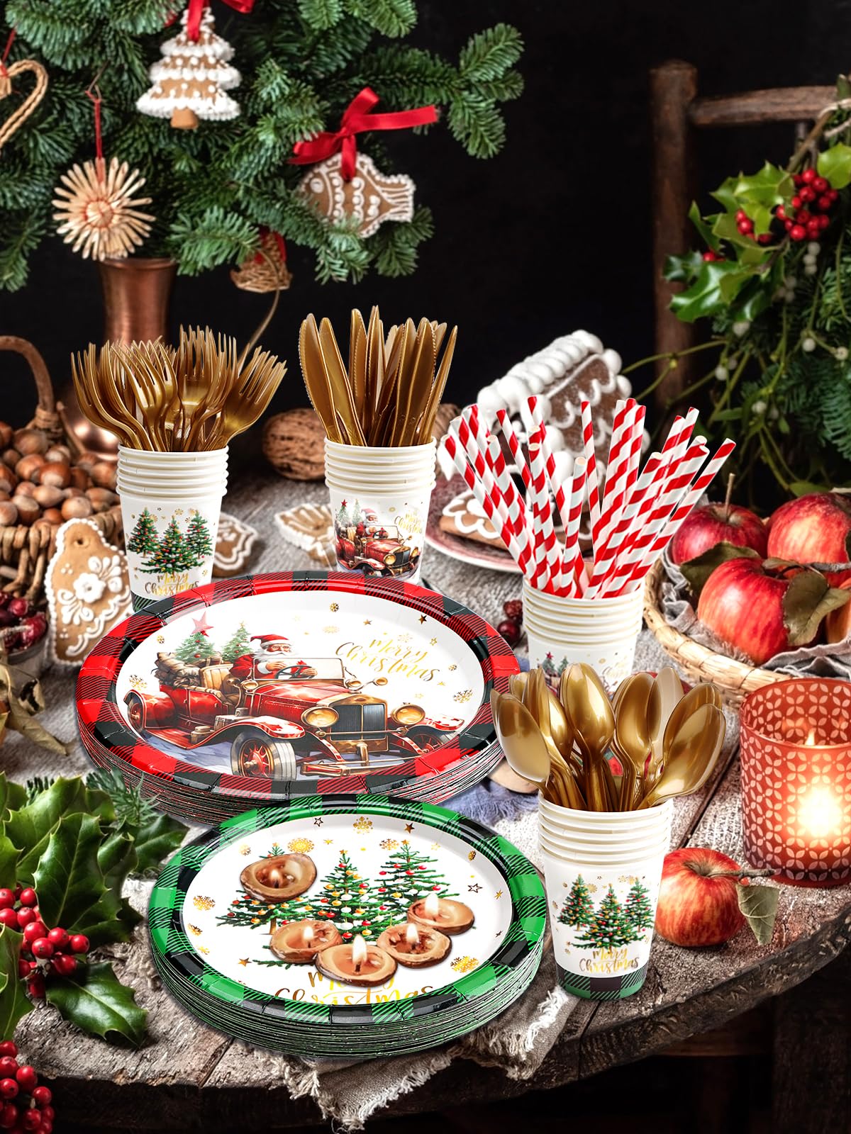 194 Pcs Red Truck Christmas Party Supplies Set - Buffalo Plaid Tableware, Plates Cups Napkins Forks For 24 Guests - View #7