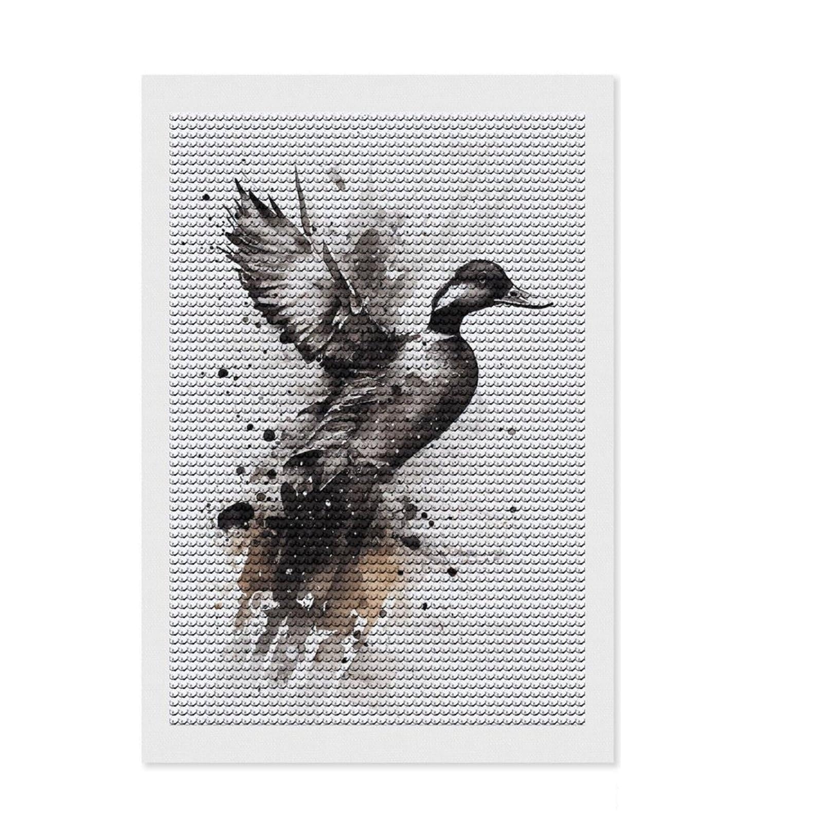 Junmoney Duck Black and White Round Drill Diamond Painting 8"x12", Neat Printed Canvas, Satisfying Creative Project, Fun Craft Experience