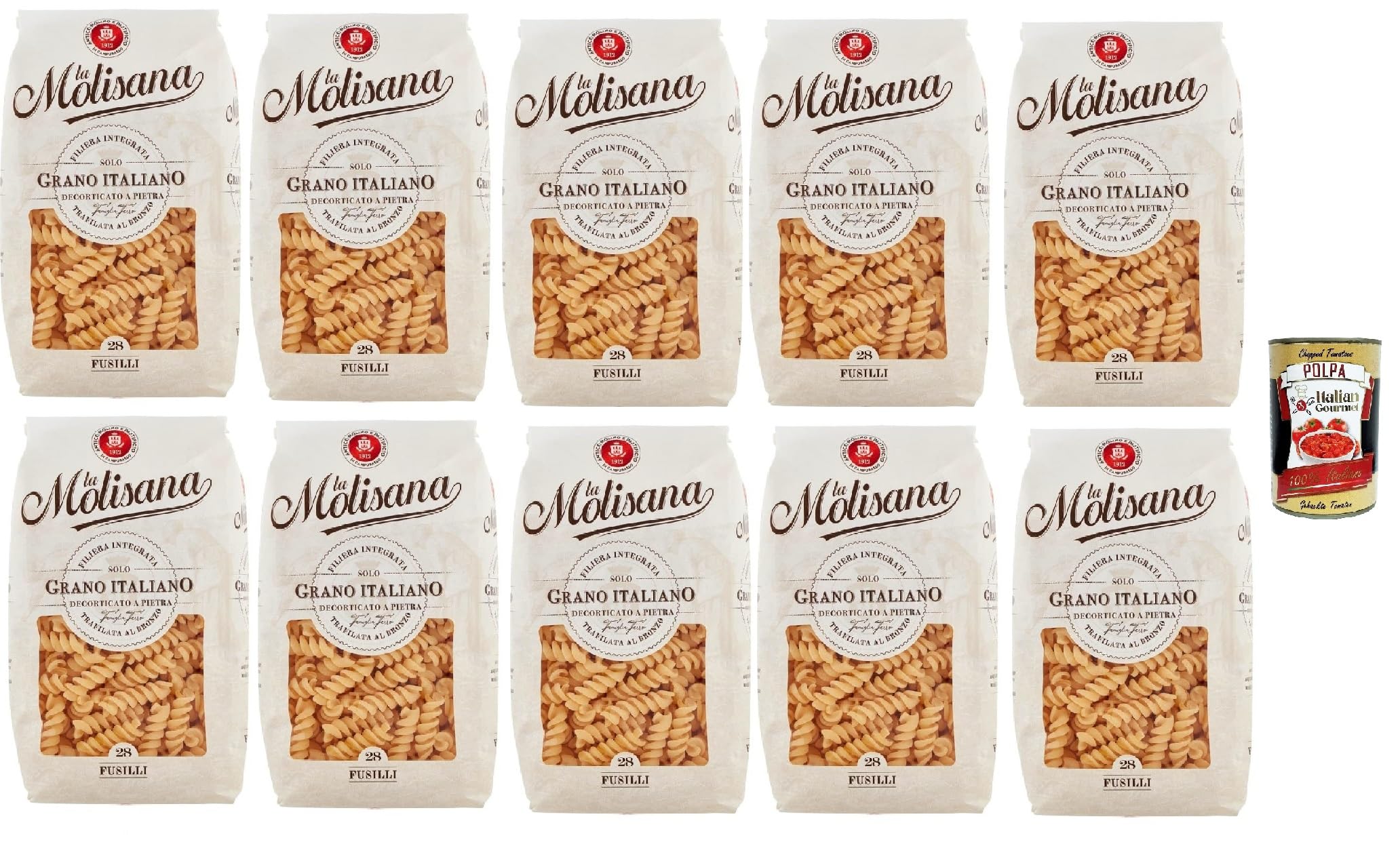 La Molisana Fusilli N. 28 Pasta Lenta Lavorazione Pasta de sémola de trigo duro, dibujo en bronce, 20 x 500 g + Polpa italiana Gourmet 400 g