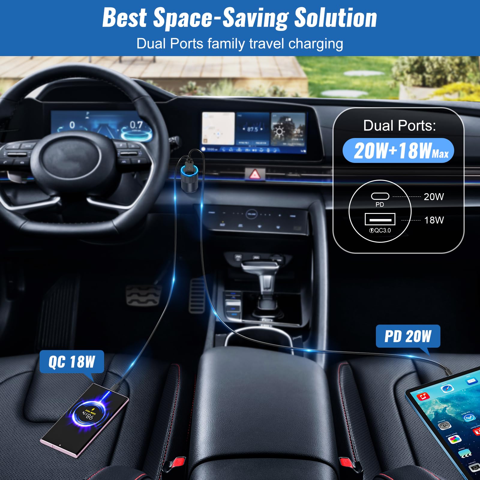 2Pack 38W USB C Caricabatteria da auto ricarica rapida | Adattatore accendisigari, Dual USBC & USB-A Caricabatteria da auto, Multi Port QC 3.0 Cargador Para Carro, Presa USB 12v
