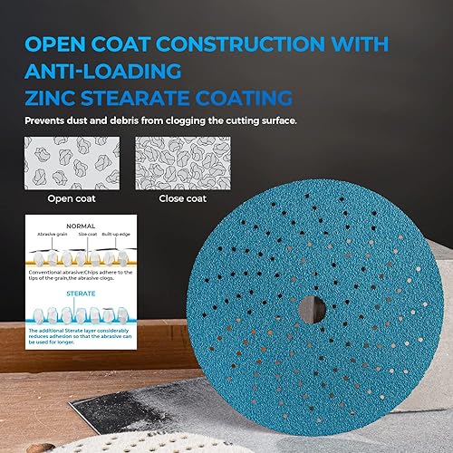 Miniatura 5 de toolant Disco de lijado limpio de 6 pulgadas de grano 180 con múltiples agujeros, abrasivo de cerámica, sin polvo, alto rendimiento, larga duración,