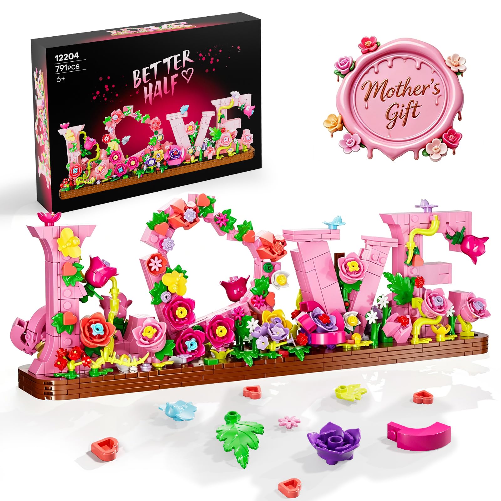 Herz-Deko Blumen Bauspielzeug Set, 791-teiliger Bausatz geschenke für mädchen,Kinder, Erwachsene und Frauen, Wohn und Bürodekoration, Kreative Geschenkidee für Jahrestag, Valentinstag & Geburtstag