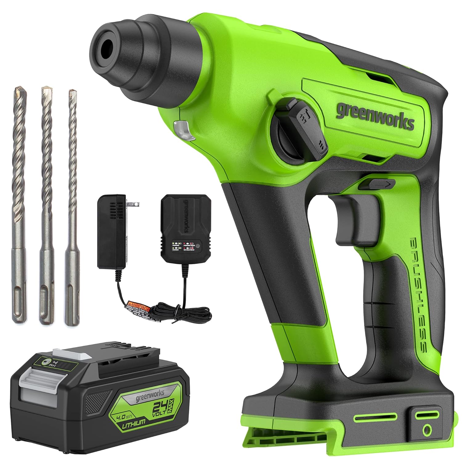 Greenworks 24V Cordless SDS 1.2J Heavy Duty Rotary Hammer Drill, 1-Inch Brushless Hammer Drill for Concrete, 2-Mode And Vairable Speed, 4AH Battery & Charger Included