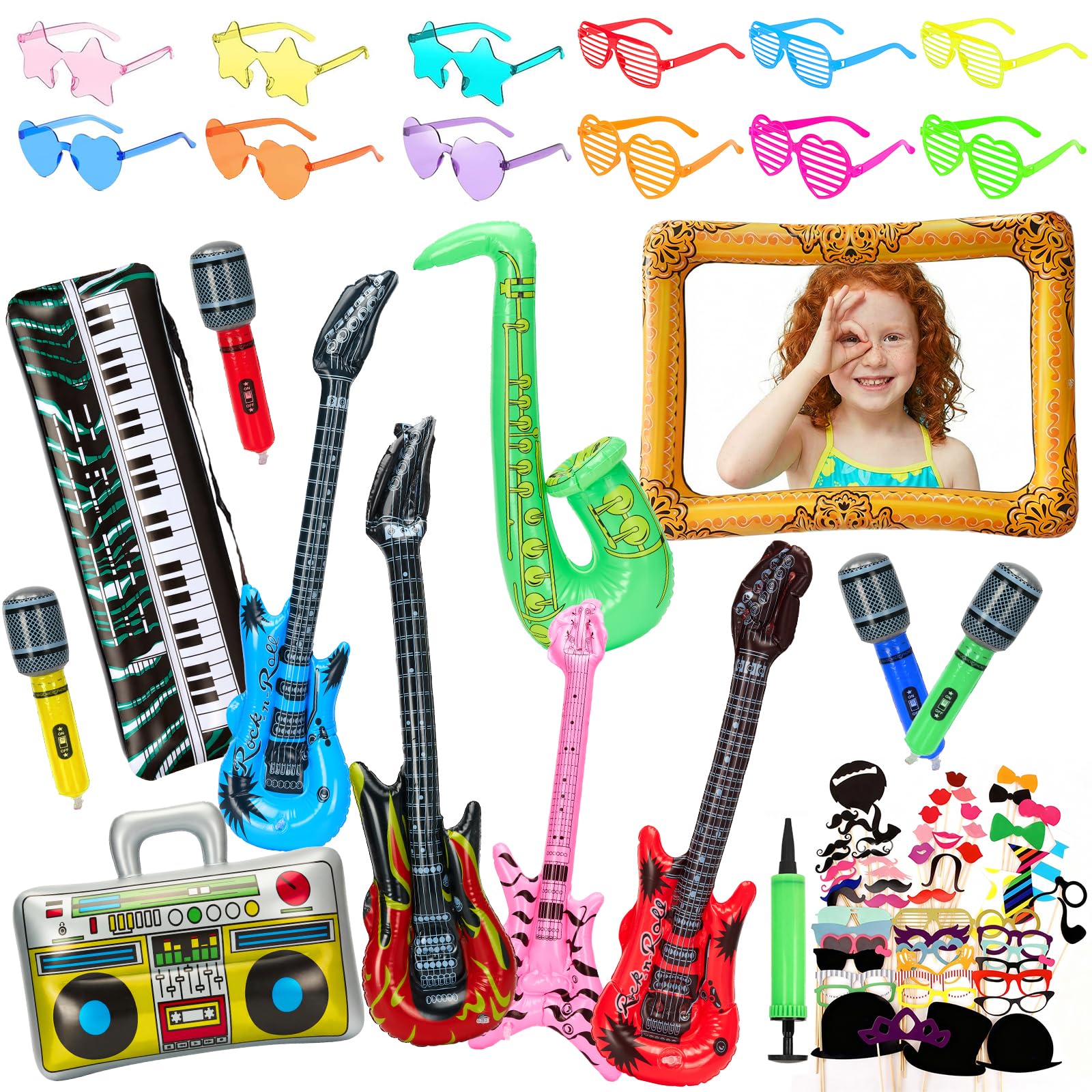 83Pcs Inflatable Instruments Party Props with Funny Sunglasses Set, Inflatable Rock Star Toy Guitar Saxophone Bass Microphones Recorder Piano Photo Booth, 80s 90s Rock N Roll Music Party Decorations