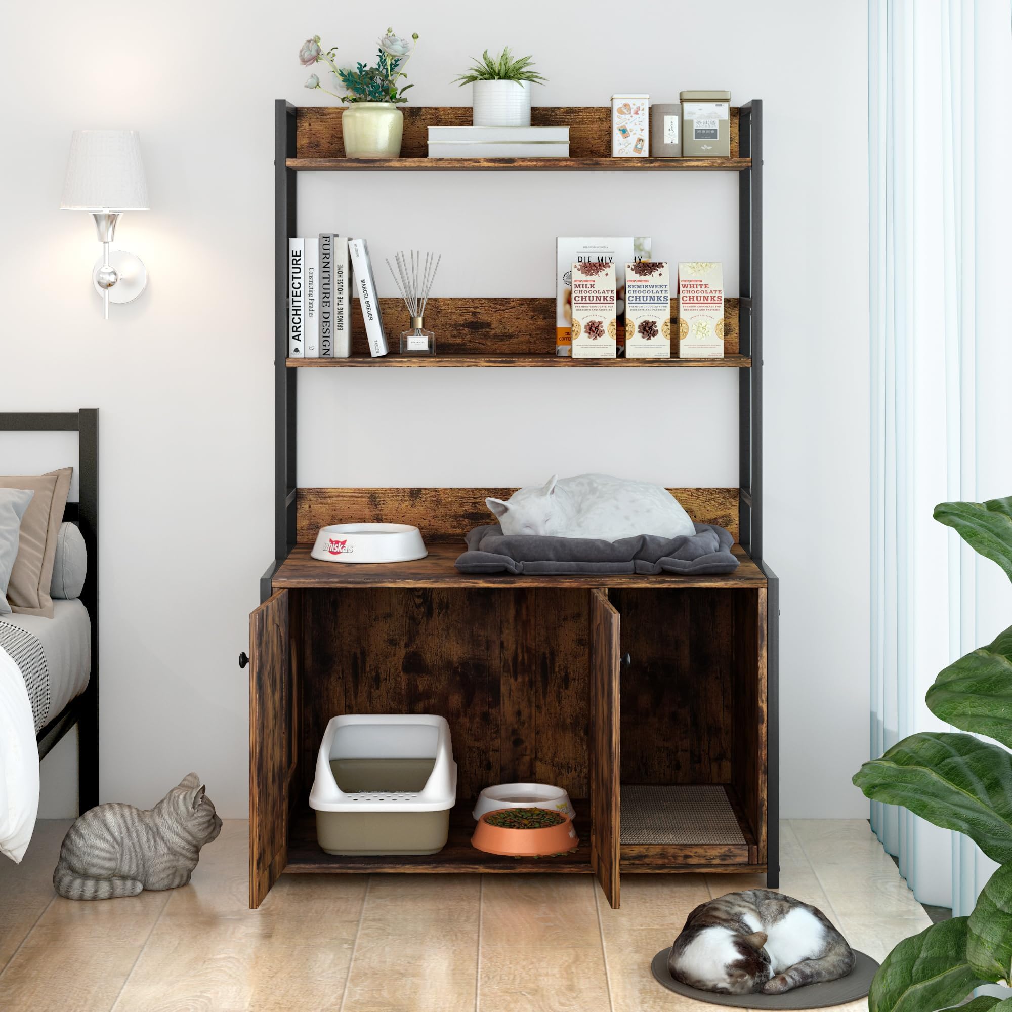 Katzenschrank mit Bücherregal, Kratzbaum mit Katzenklo-Schrank, Katzenklo Schrank mit 3 Ebenen & Eingang, 89 x 45 x 132 cm Versteckt Katzenkloschrank mit Tür, 3-in-1 Modernes Katzenhaus Indoor - Braun