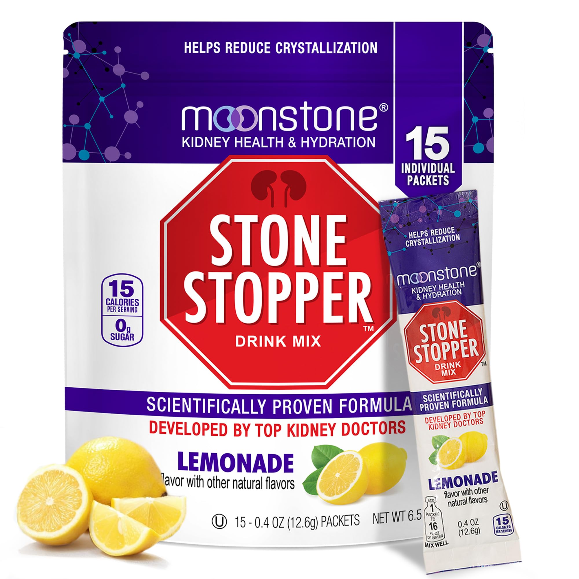 Stone Stopper Drink Mix, Lemonade, Kidney Stone Prevention, Calcium Oxalate Protector, Alkali Citrate Support, Developed by Urologists to Improve Hydration and Support Kidney Health, 15 Day Supply 15 Day Supply - 15 Count (Pack of 1) Lemonade