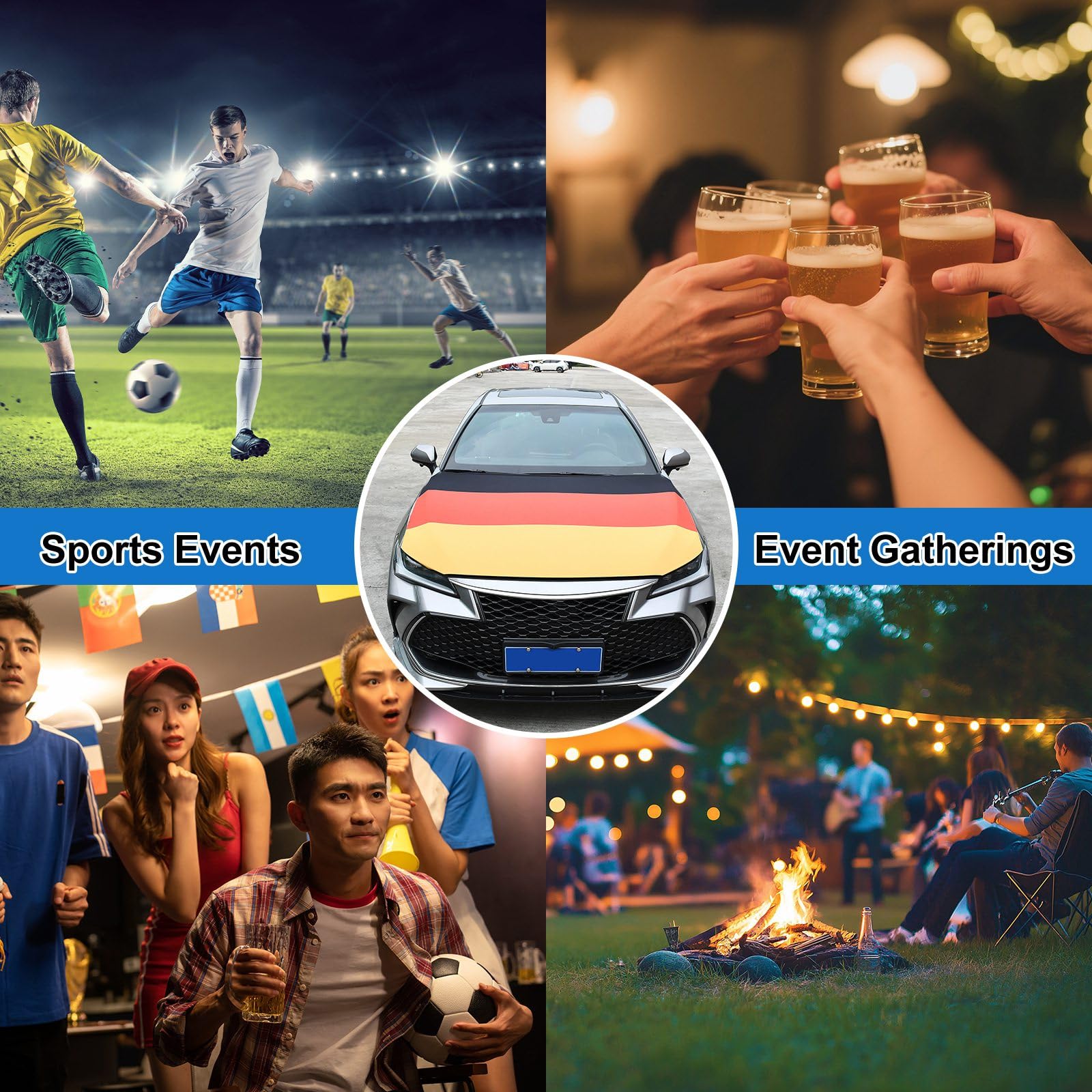 Blueshyhall Auto Motorhaubenabdeckung Flagge, 120 x 150 cm Hoch Elastische Flagge Motorhaube Abdeckhaube Auto aus Polyester Stoff, Verschleißfest Waschbar Fanartikel Fussball (DE)