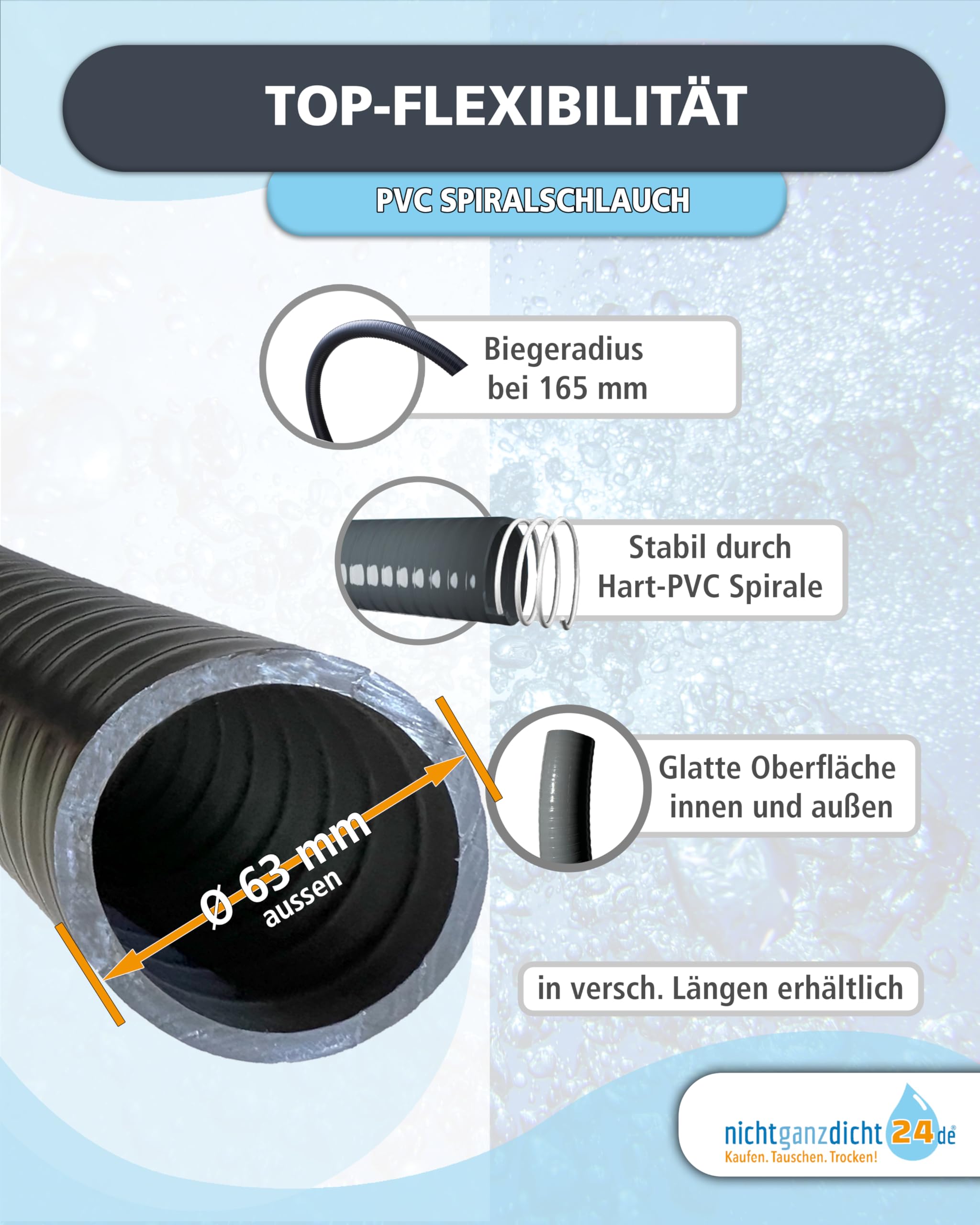 Flexibler PVC Druckschlauch 63mm 10m Längen 5m-25m Flexschlauch PVC unterirdisch verlegbar Flexrohr Ø 63mm Klebeschlauch Pool Teich Schwimmbad