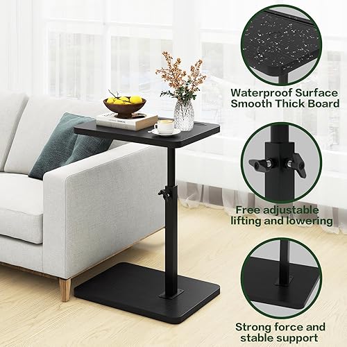 Miniatura 7 de IBUYKE Mesa de bandeja para sofá, mesa auxiliar giratoria de altura ajustable de 360 para espacios pequeños, con ranura para teléfono y tableta,