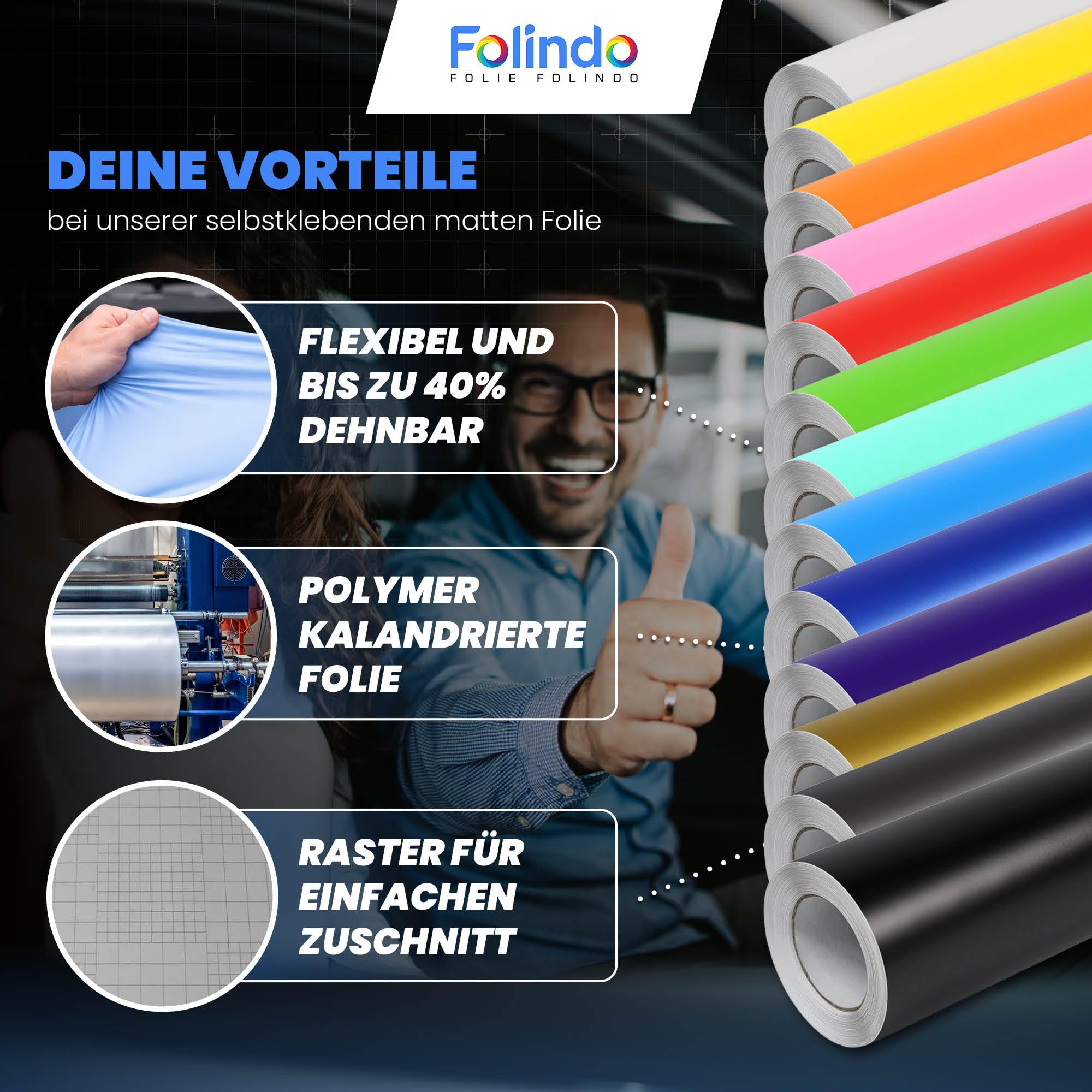 Folindo Autofolie Grau Matt (9€/m²) - 5 x 1,52 m – Selbstklebende Auto Lackschutzfolie mit Luftkanal Technik – Blasenfreie Auto Folierung inkl. Rakel & Cutter – Car Wrapping Folie