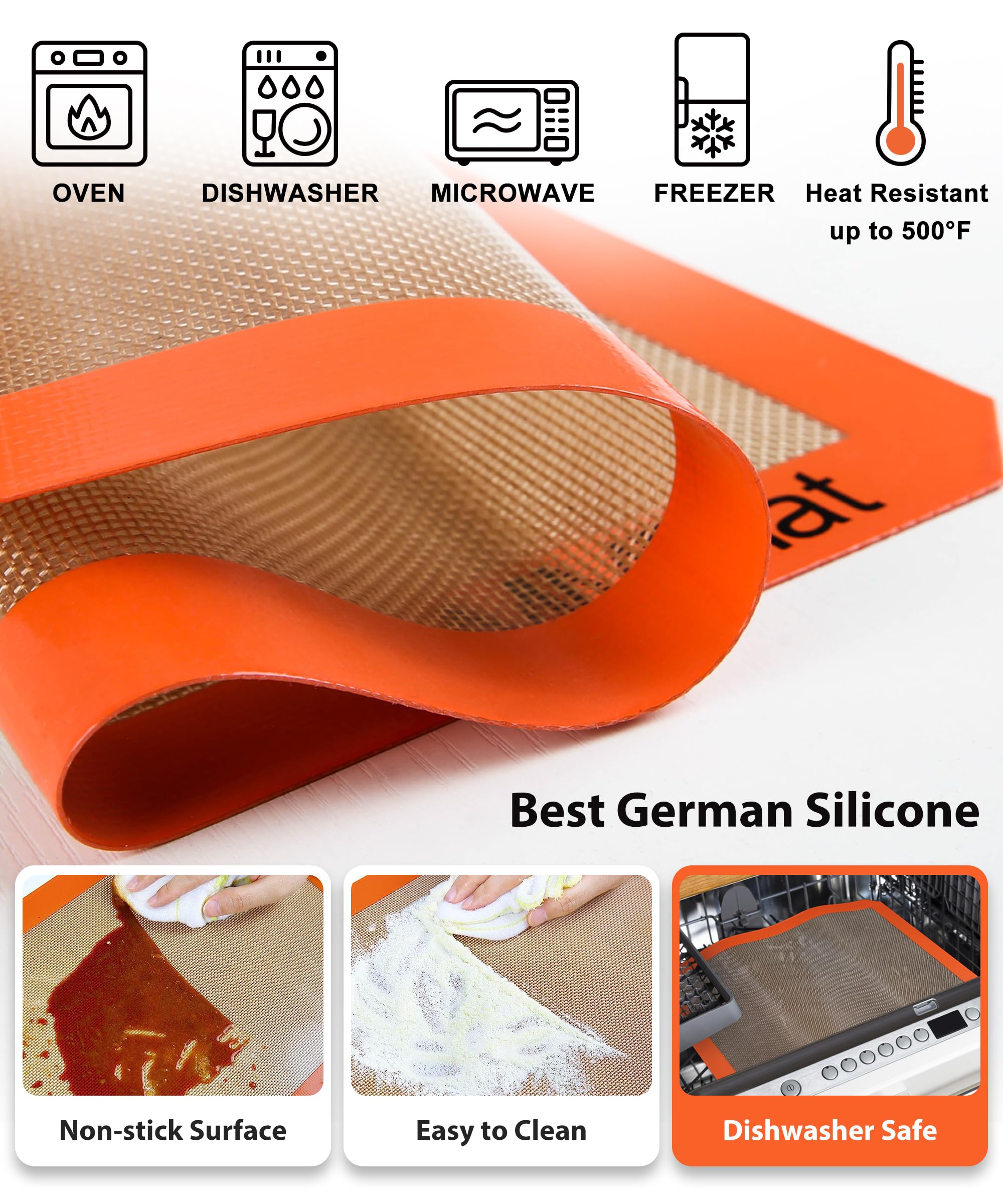 Silikon-Backmatten – bestes deutsches Silikon, rutschfeste Silikon-Backblech, antihaftbeschichtete wiederverwendbare Silikonmatten zum Backen, Lebensmittelqualität Backofeneinlage, Thekenmatte,