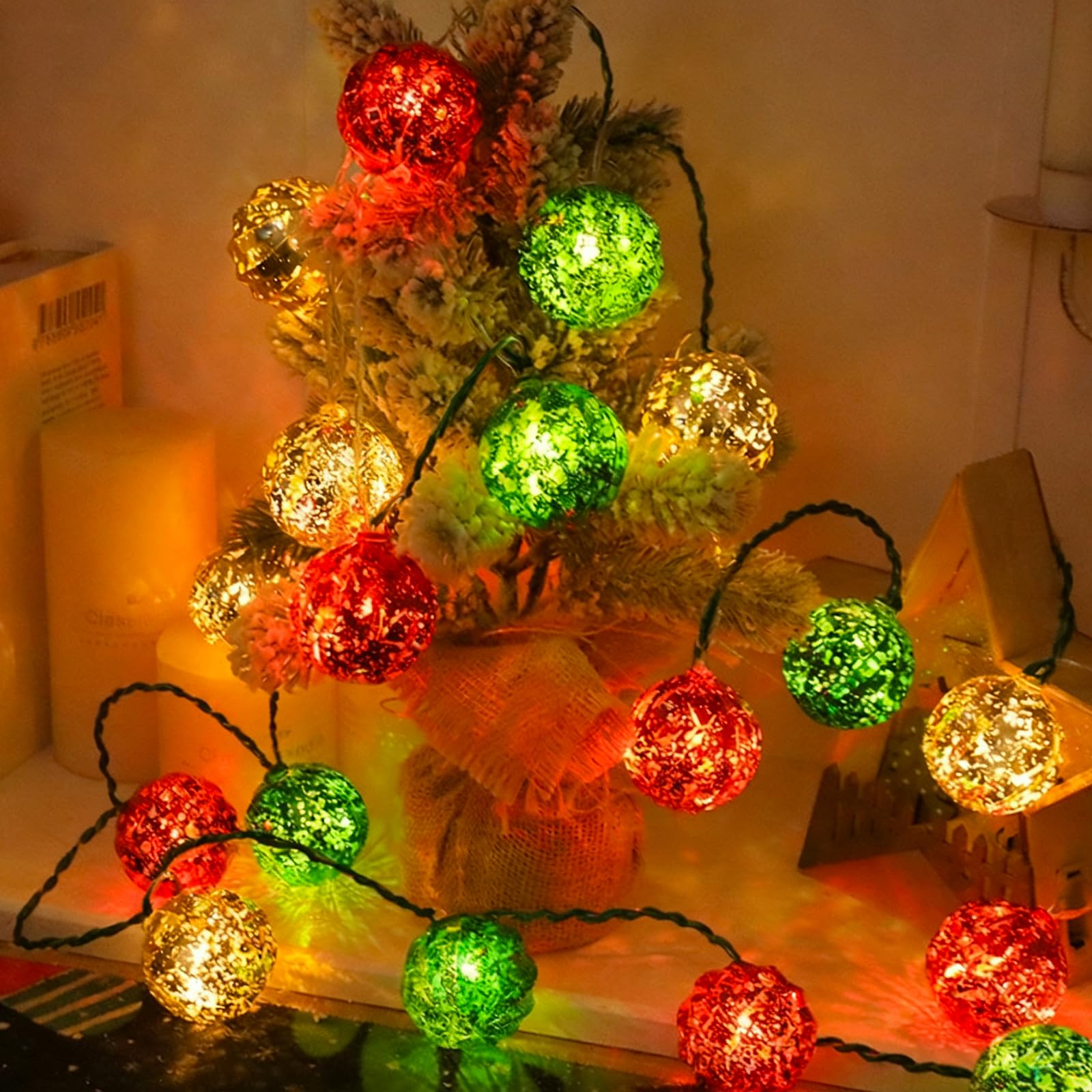 Guirlande lumineuse de Noël à piles, 7,7 m, 20 LED rouge, verte et dorée avec minuterie et 8 modes, étanche, pour arbre, chambre à coucher, fenêtre, porche, décoration