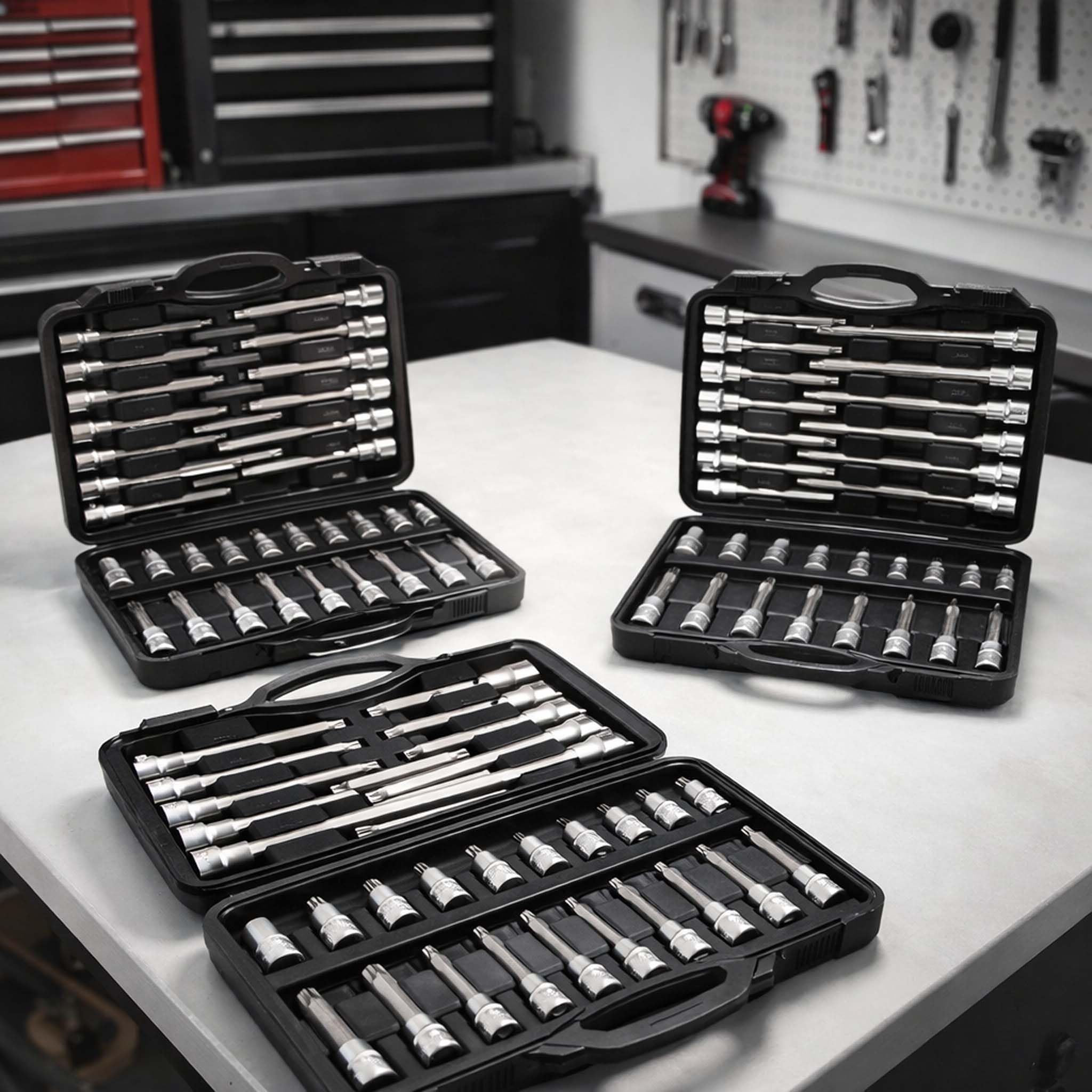 Set chiavi a bussola 88 pz. con esagono cavo, multidente interno e esagono incassato in 3 valigette