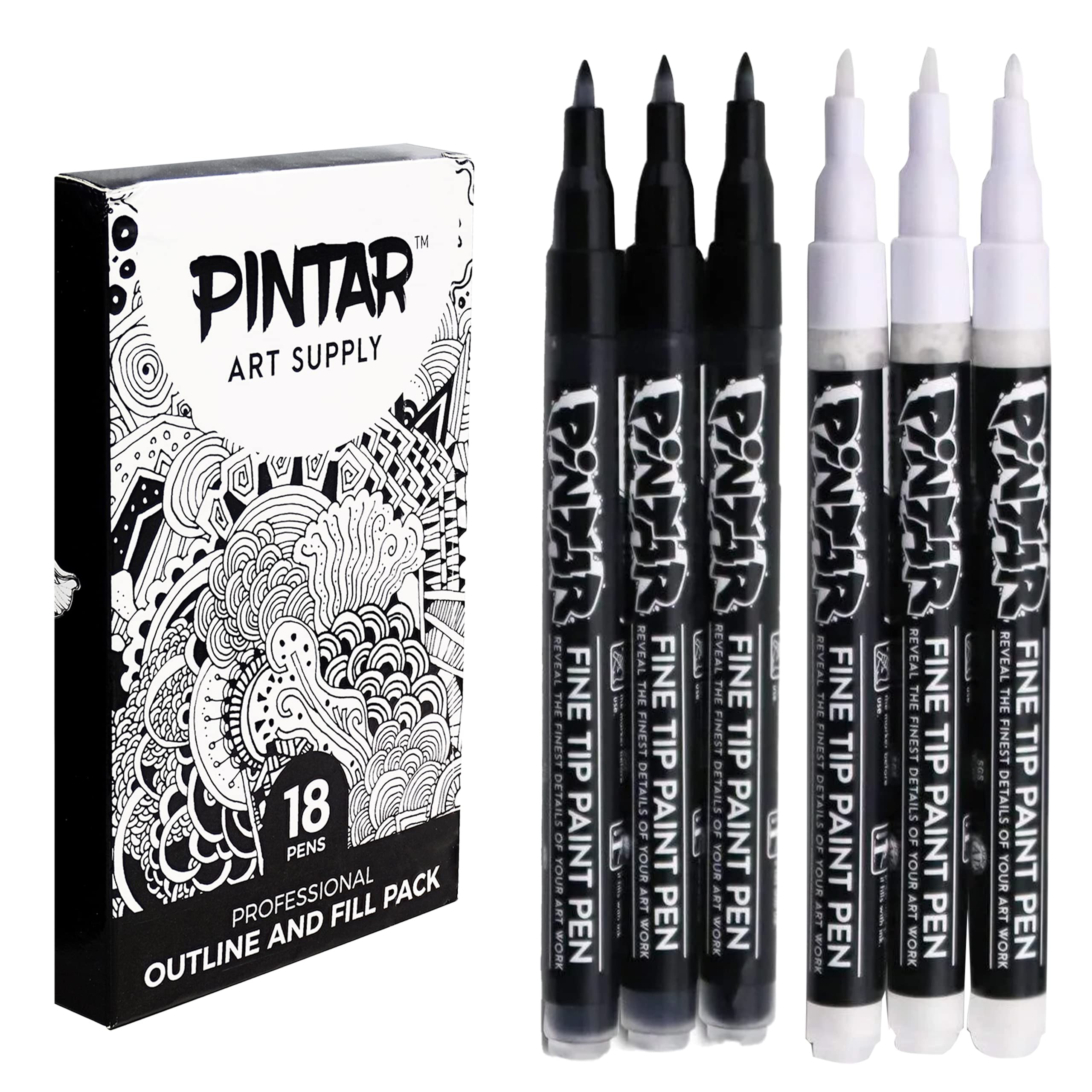 PINTAR | 6 Pack | Black & White Acrylic Paint Markers Japanese Extra Fine Tip | Wood, Rocks, Canvas, Ceramic Glass, Paper, Fabric, Metal, & Plastic | Acrylic Paint Pens | 3 Black & 3 White, 0.7mm