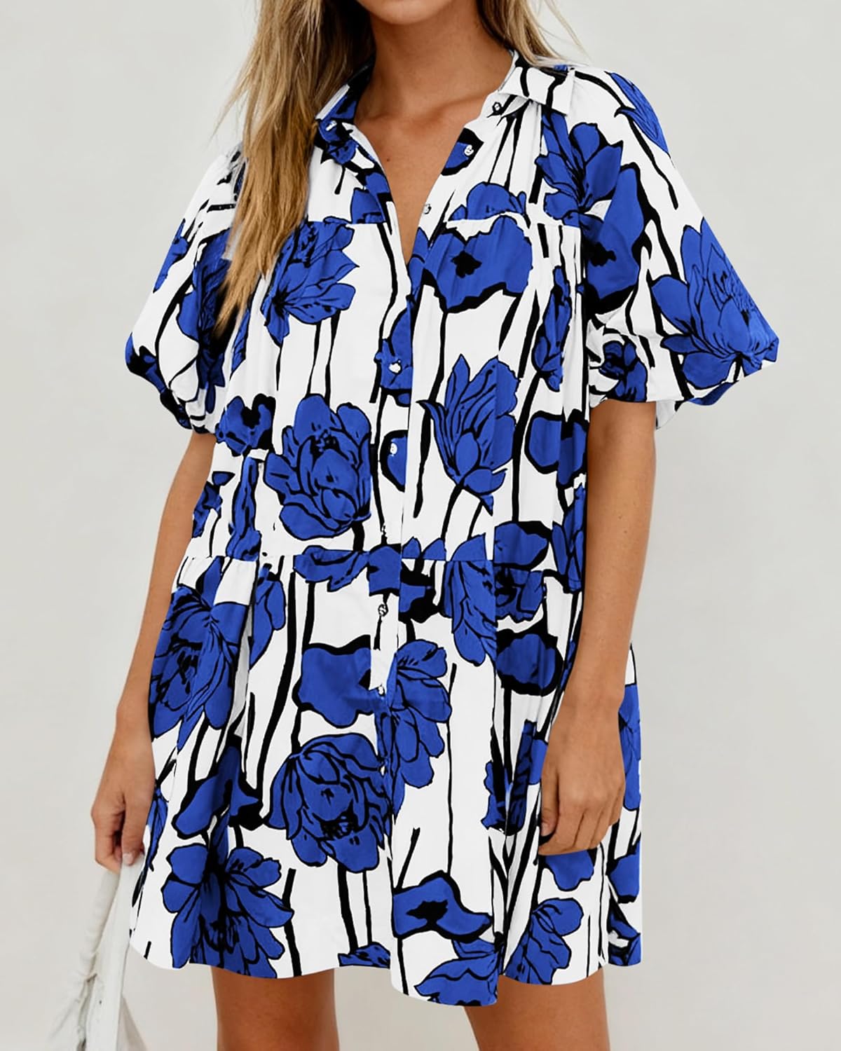 PRETTYGARDEN Womens Summer Dresses 2026 Casual Puff Sleeve Button Down Mini Shirt Dress Boho Floral Babydoll Sun Dress - Image 7