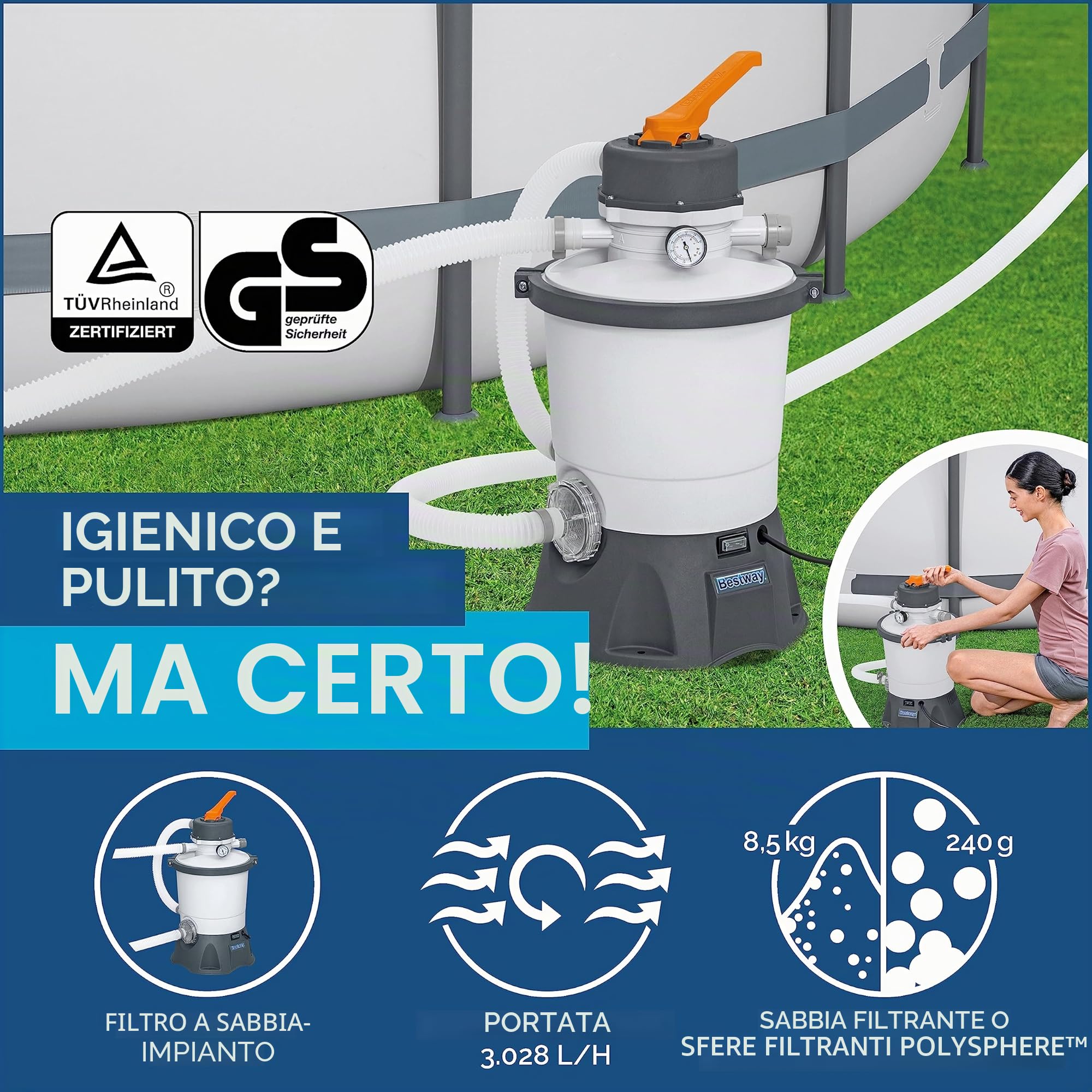 Bestway Hydrium, piscina a parete in acciaio, set completo con impianto di filtraggio a sabbia, Ø 300 x 120 cm, grigio, rotondo