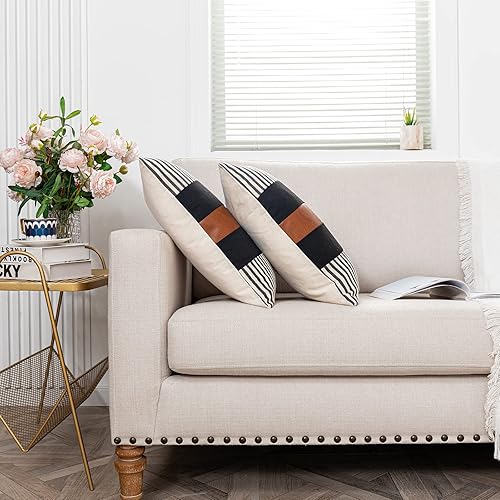 Miniatura 4 de Juego de 2 fundas de cojín decorativas estilo bohemio de 18 x 18 pulgadas, fundas de cojín modernas de piel sintética para sala de estar, sofá,