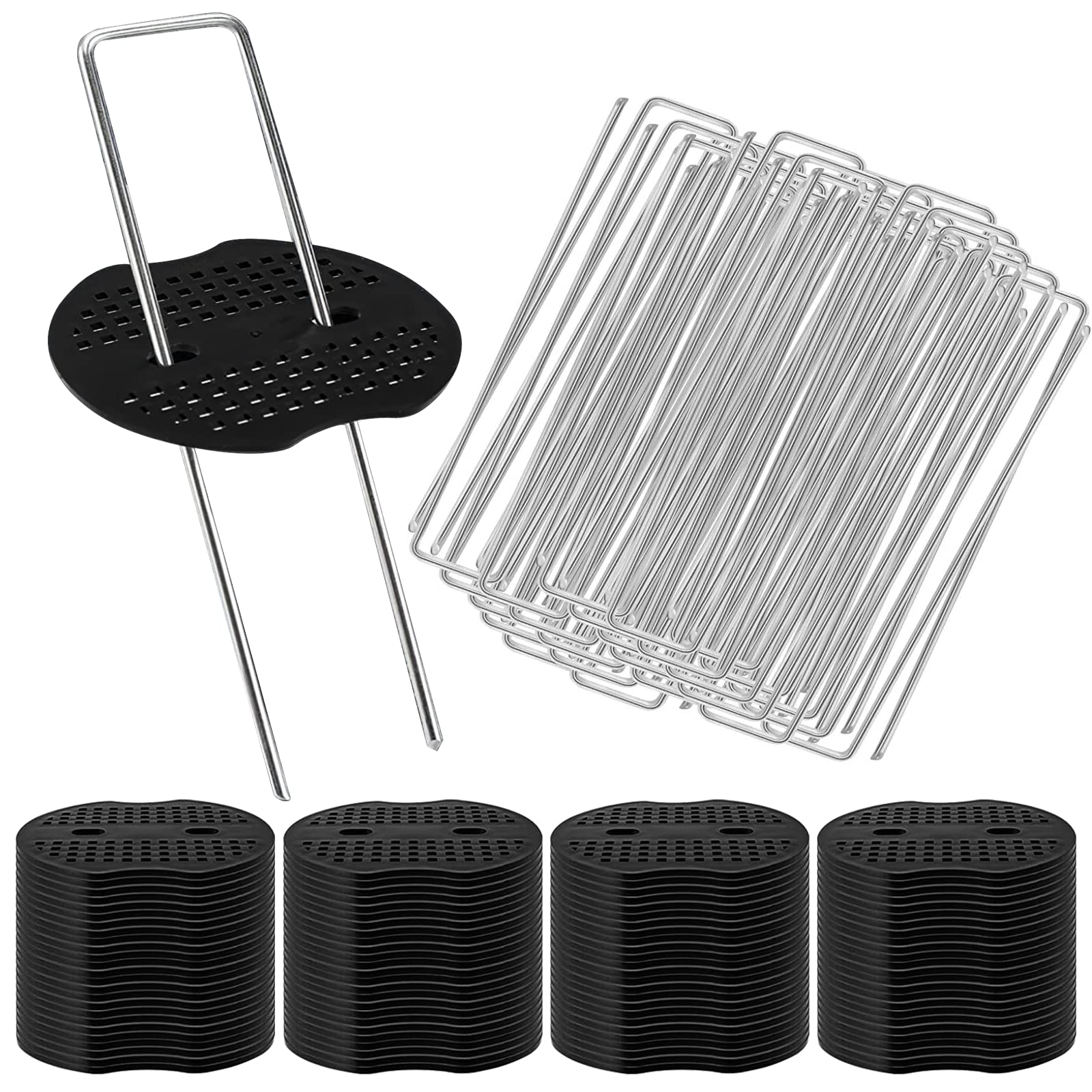 100PCS Heavy Duty Garden Stakes Kit, 50 U-Shaped 6" Galvanized Steel Landscape Staples & 50 Plastic Gaskets - for Weed Barrier Fabric, Tent Pegs, Securing Turf, Tarps