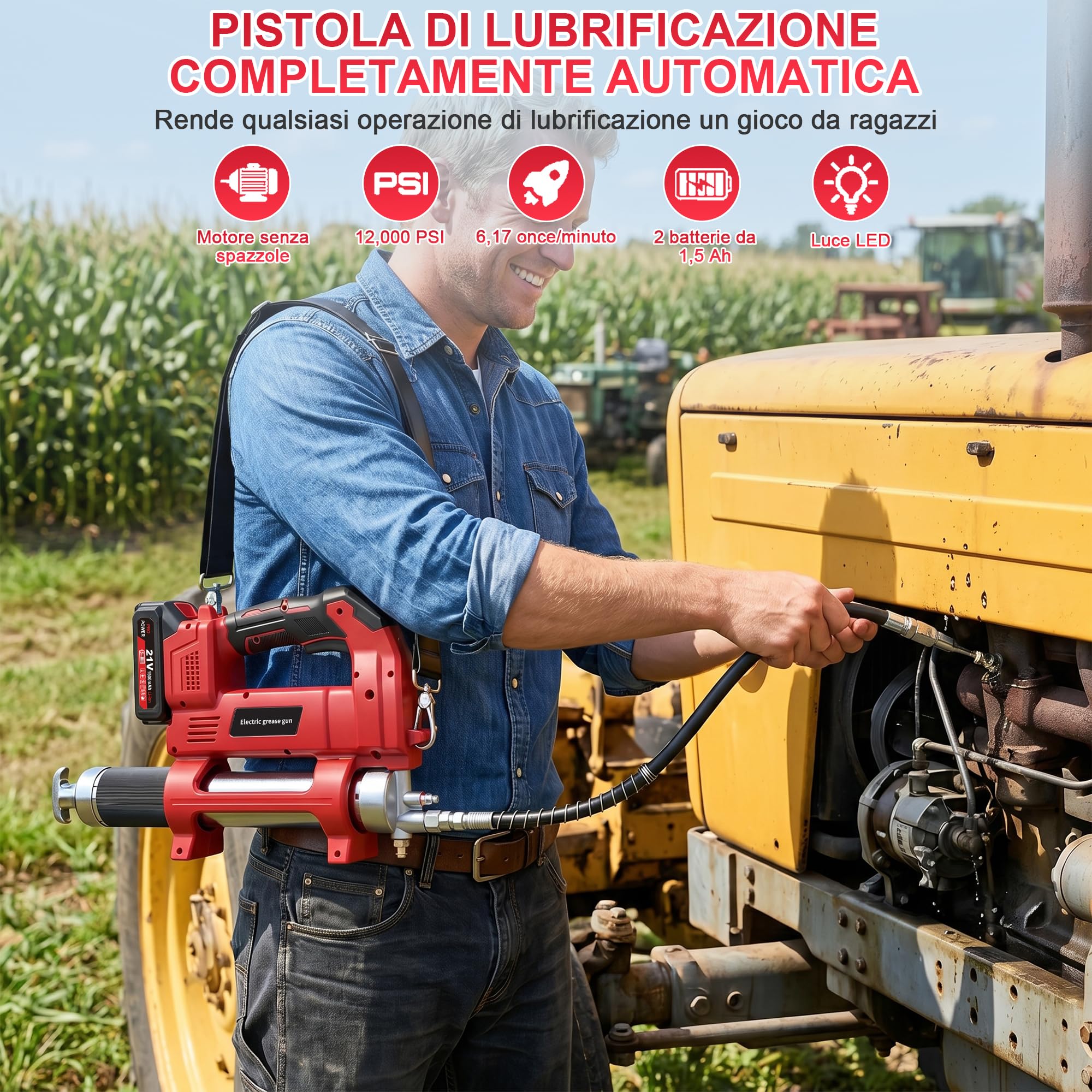 Pistola per grasso elettrica a batteria, 12000 PSI, kit con 2 batterie da 1,5 Ah e caricabatterie, 6,17 oz/min, tubo lungo 1 m, 3 ugelli, pistola per grasso senza spazzole per trattori, camion