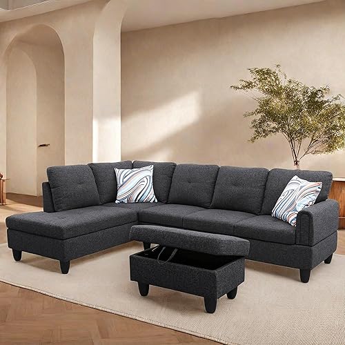 L Shaped Sectional, Modular Sectional Sofa with Ottoman Storage, Modern Lounge Sofa with Chaise for Living Room, Bedroom, Small Spaces, Gray