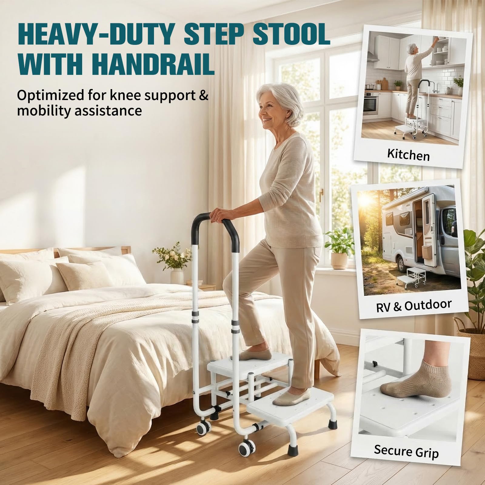 Stołek z uchwytem – stopień wanny z uchwytem, 5 wysokości od 95 cm do 105 cm, nośność do 100 kg, do łóżka, kuchni, przyczepy kempingowej, wanny, pomoc przy wejściu