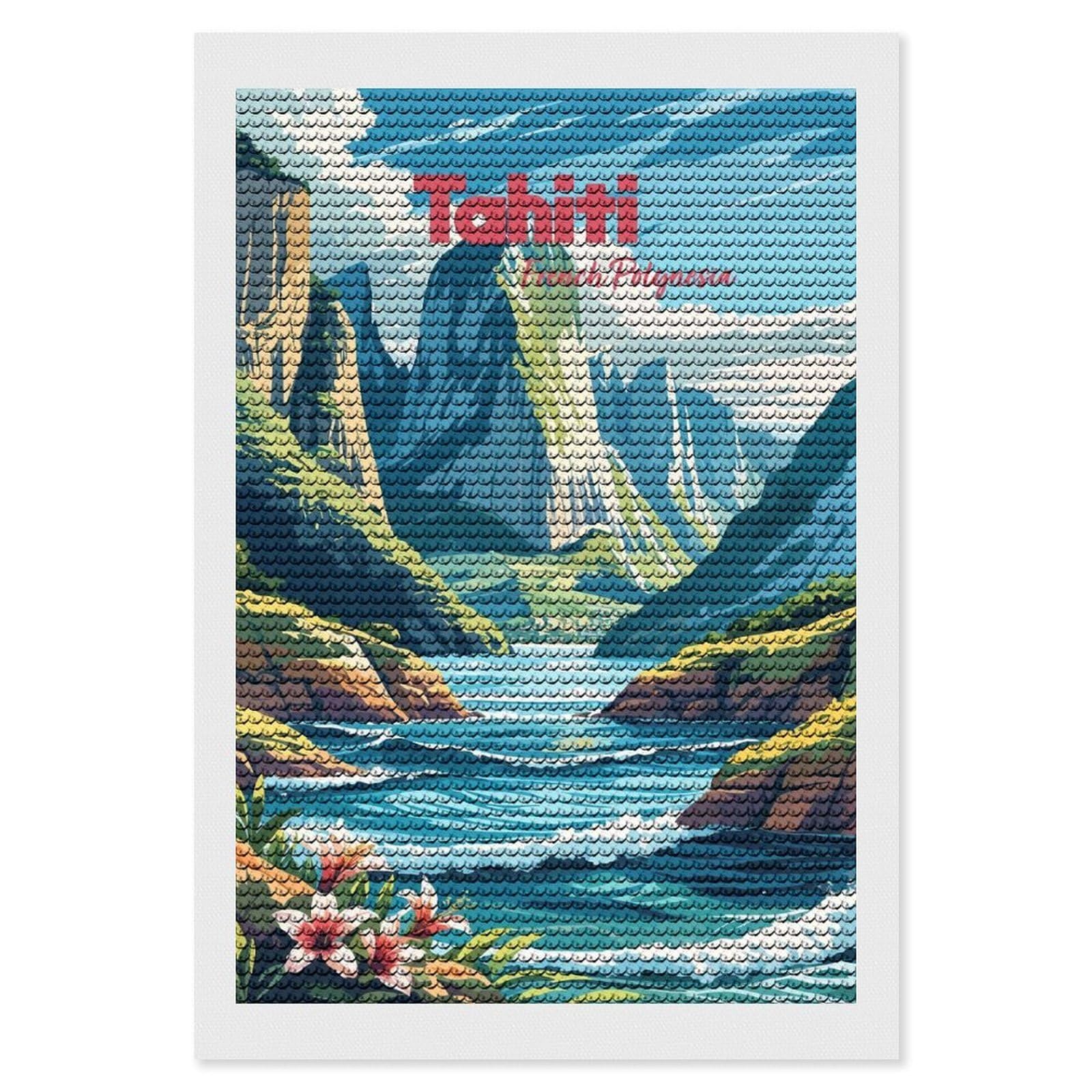 Junmoney Tahiti French Polynesia Landscape Art Diamond Painting Set 8"x12", Stress Relief Craft, Easy to Enjoy, Vintage Style Decor, Festive Craft Gift