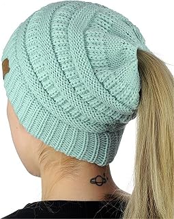 IVYRISE Winter Warm Women BeanieTail Soft Stretch Ponytail High Bun Cable Knit Ribbed Beanie Hat, Light Blue