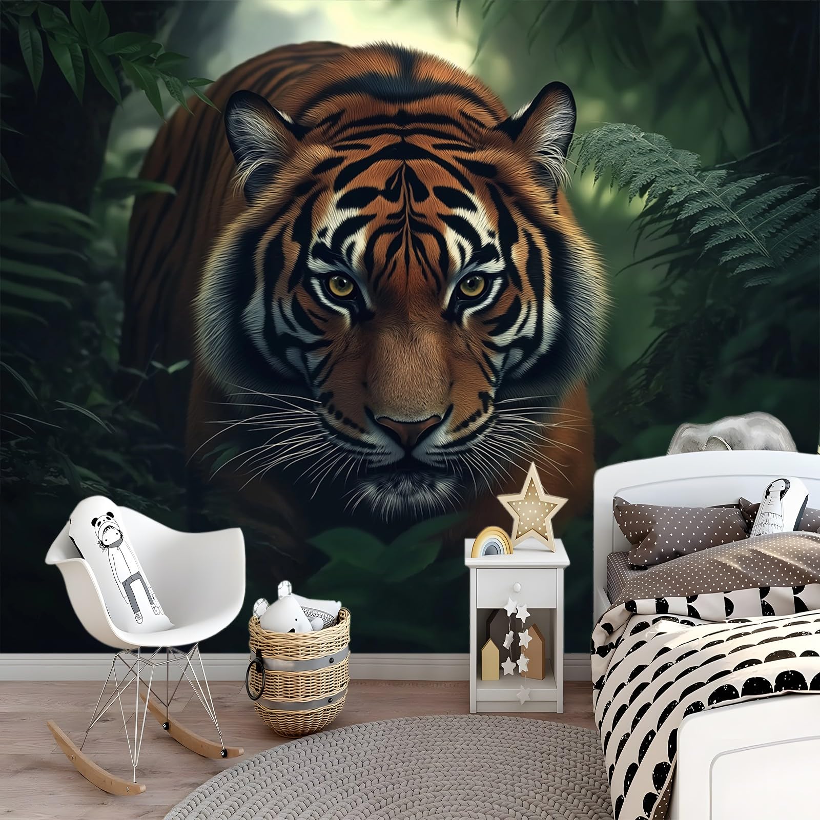 Tapeta fototapeta, efekt 3D, tygrys, dżungla, dekoracja ścienna, salon, sypialnia, biuro, korytarz, tapeta ścienna, tapeta ścienna, dekoracja ścienna, 250 x 175 cm, brązowa, zielona