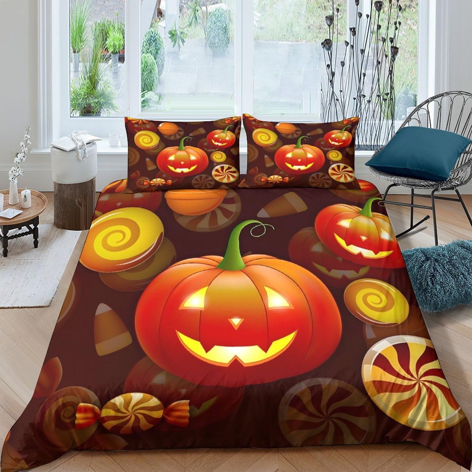 Ctjqhvkz Style-4 3D Printed Halloween Pumpkin Fitted Sheet Microfiber Soft Candy Mattress Cover Bedroom Decor Anti-Slip Washable Single（135X200cm）