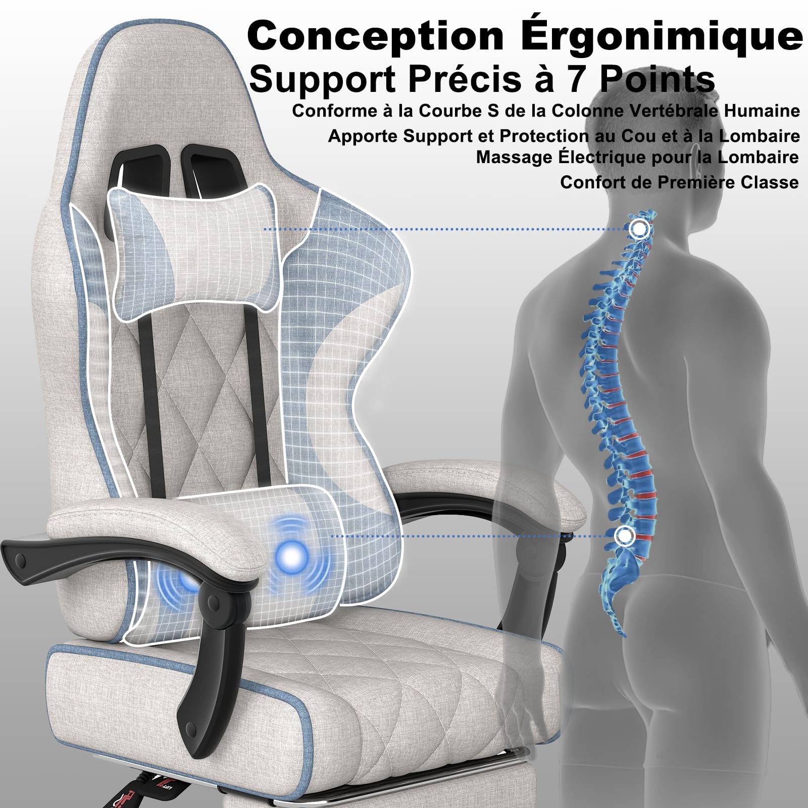 TRIUMPHKEY Chaise de Jeu & Bureau en Tissu | Chambre/Salle de Jeu, Coussin Lombaire Massage USB, Reposes-Bras Sync, Repose-Pieds Rétractable, 360° Pivot, 90-135° Inclinaison, 150KG (Blanc)