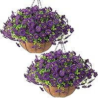 HANANONA 2 Sets Purple Artificial Outdoor Hanging Basket Flowers - UV Resistant 24 Pcs Geraniums for Porch Garden Patio Decor