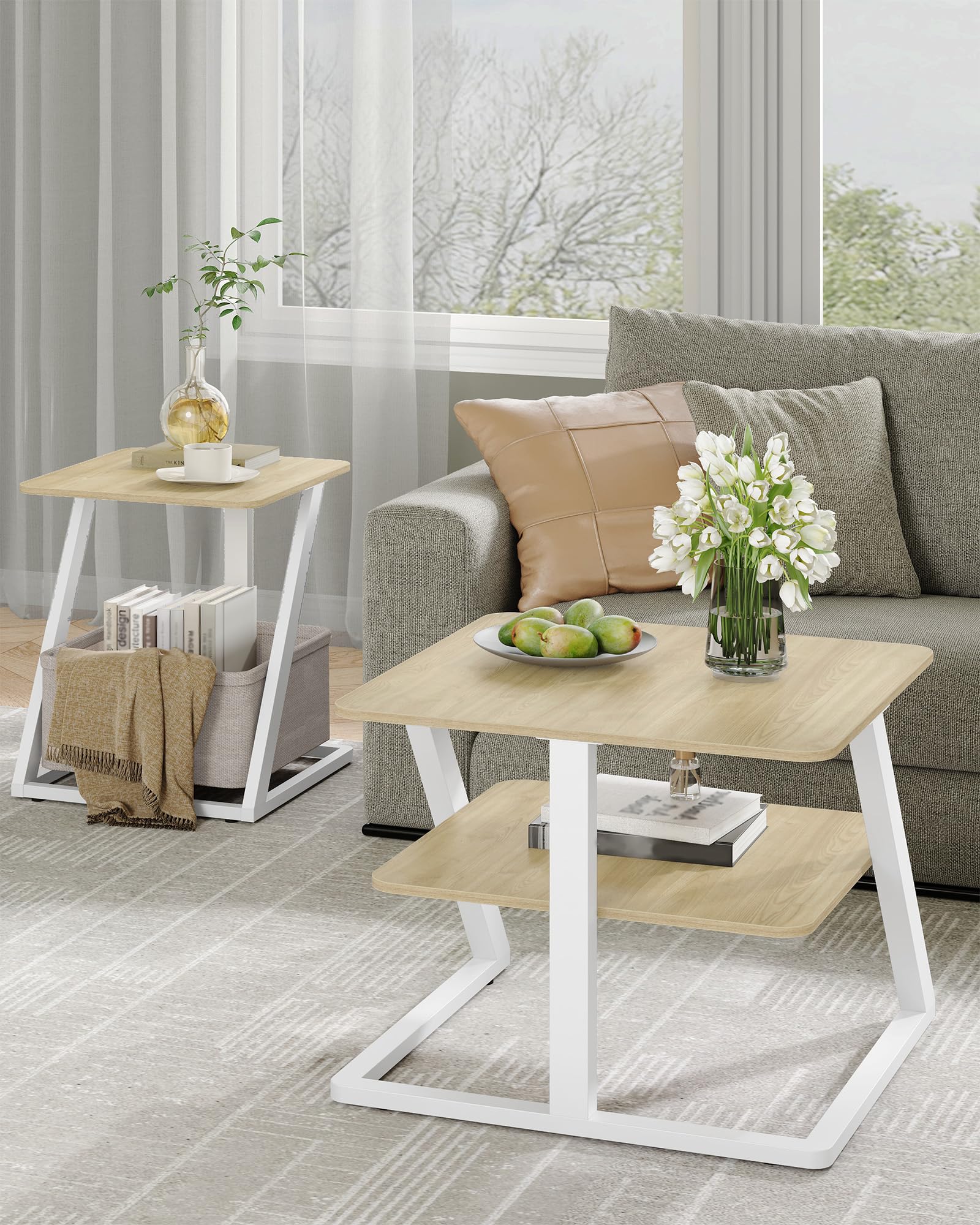 Hzuaneri Table Basse Gigogne Lot de 2, Blanc Bois Coloris