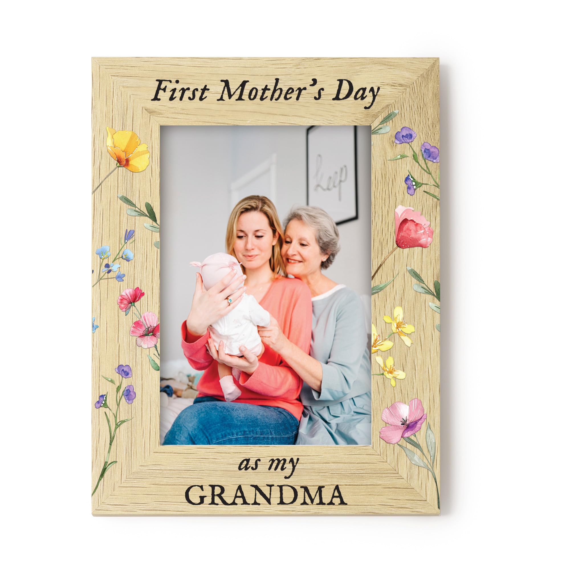 First Mother’s Day as My Grandma Photo Frame 4x6, Engraved Nana Nanny Granny Gift, Floral Wooden 1st Mothers Day Grandma Keepsake from Grandchild (Portrait)