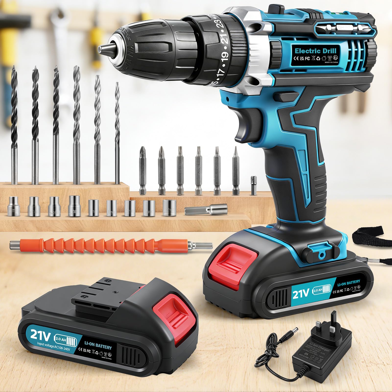 Keleef 21V Cordless Drill Driver, 2 Variable Speed Electric Drills 25+3 Torque 2000mAh Battery Power Drills Machine with LED Work Light, 50 Nm Cordless Drill and Screwdriver Set for Driving & Drilling