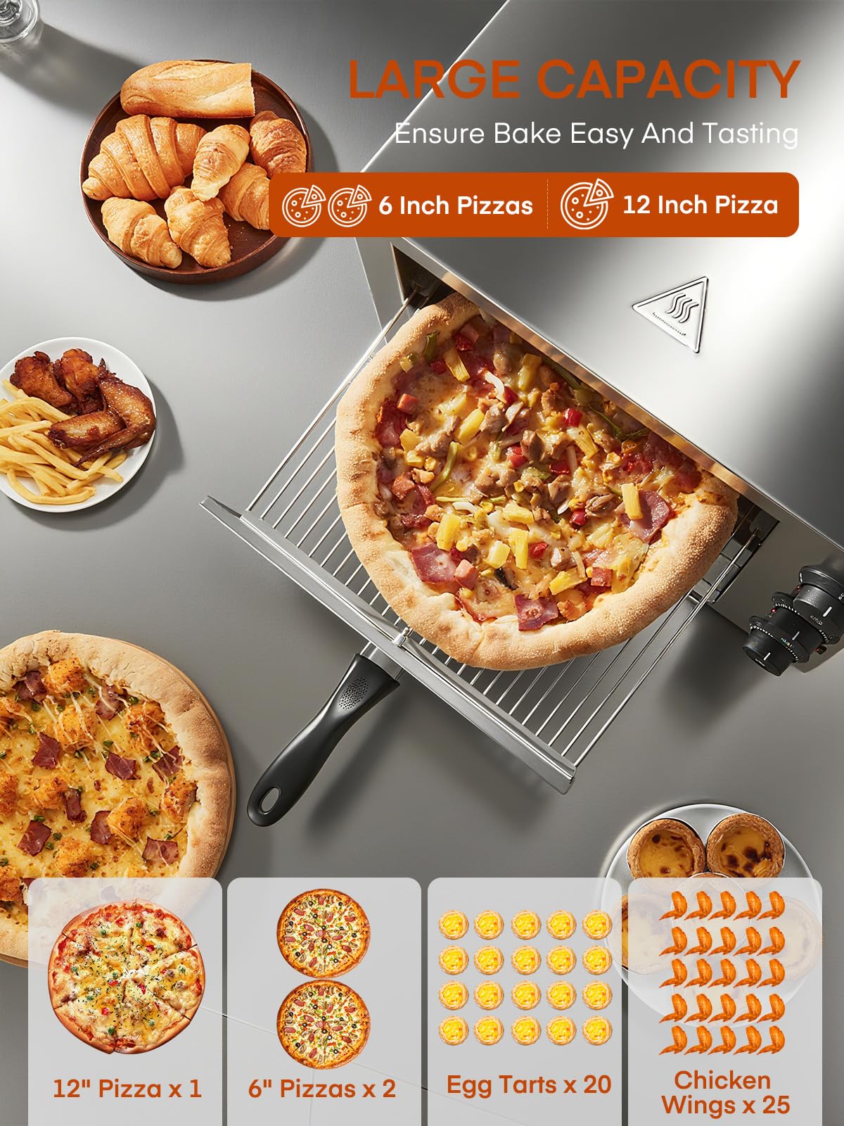 Professional Doppel Pizzaofen 3000W, 12 Zoll Kommerzieller Pizzabackofen Elektrisch Edelstahl mit 15-Minuten-Timer 350℃ für Pizza, Brot und Backwaren